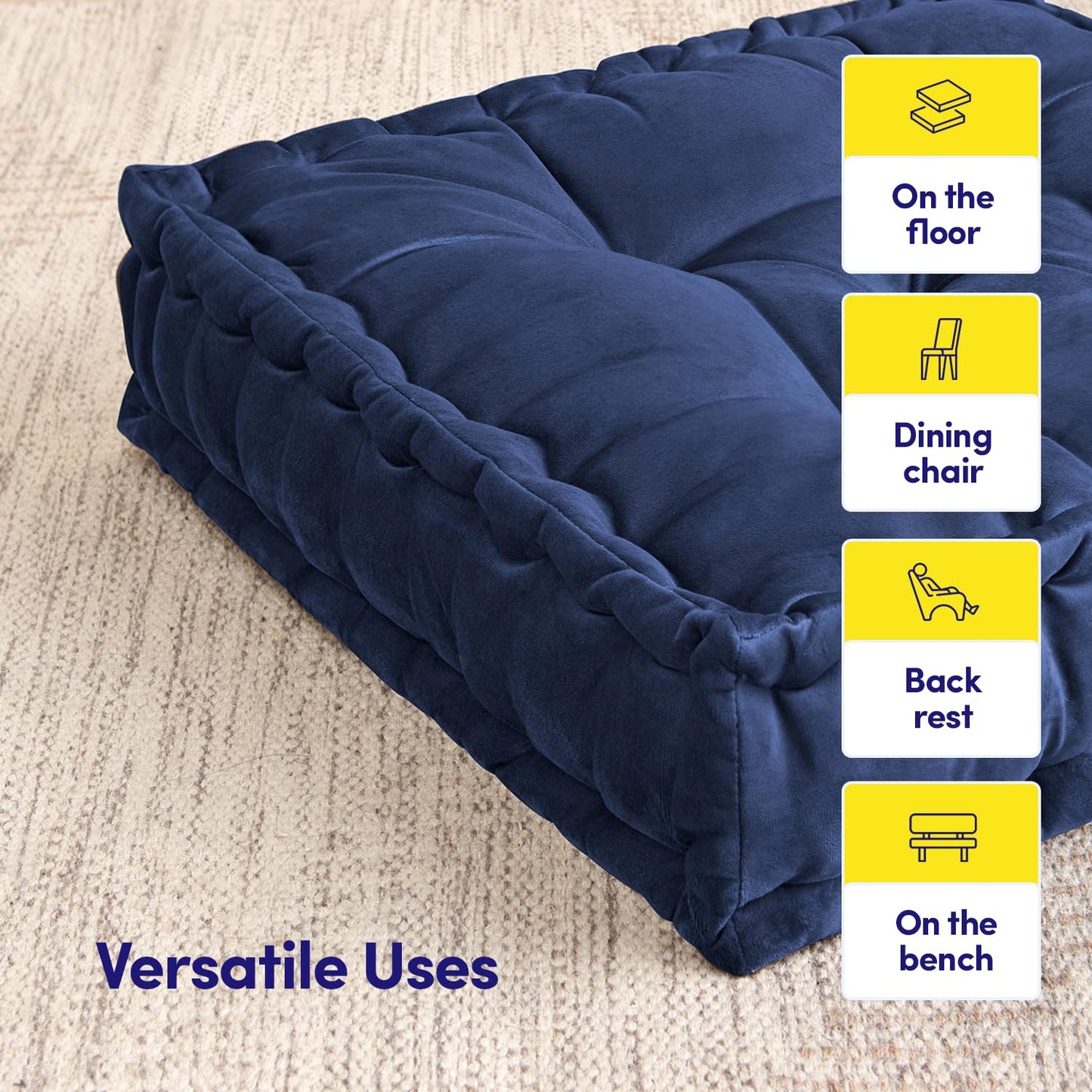 Floor Pillow Large Square Tufted Decorative Cushion 20" x 20" Faux Velvet Fabric Ultra Thick Fill for Kids and Adults, 1 Pack, Navy