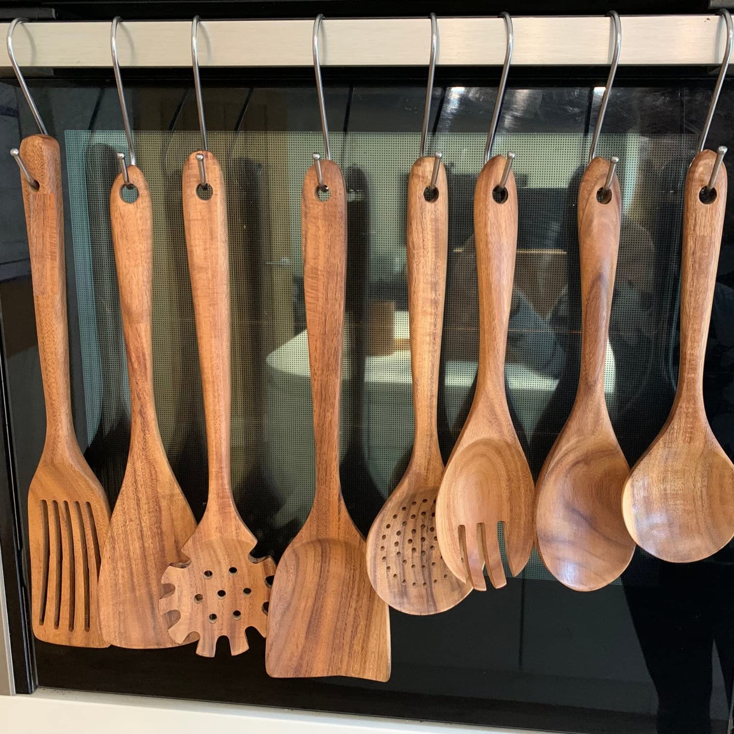 BaraBara Kitchen Utensils Set, Wooden Holder, Spoon Rest and Hooks, Kitchen Wooden Utensils, 100% Natural Teak Wooden Kitchen Utensil