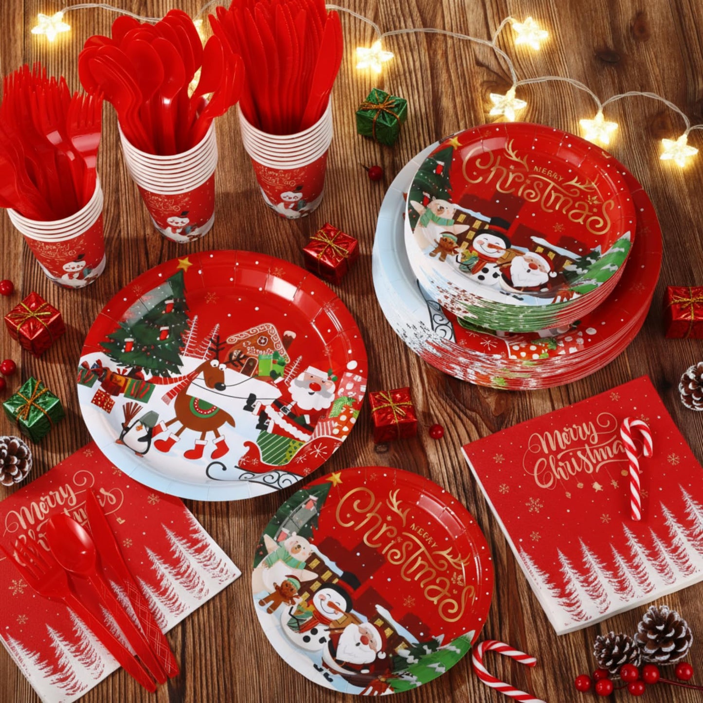 Maxdot 500 Pcs Christmas Party Supplies Merry Christmas Paper Plates Cups Napkins and Cutlery Set Disposable Xmas Party Tableware Set for Holiday Winter New Year Decoration Serves 50 Guests