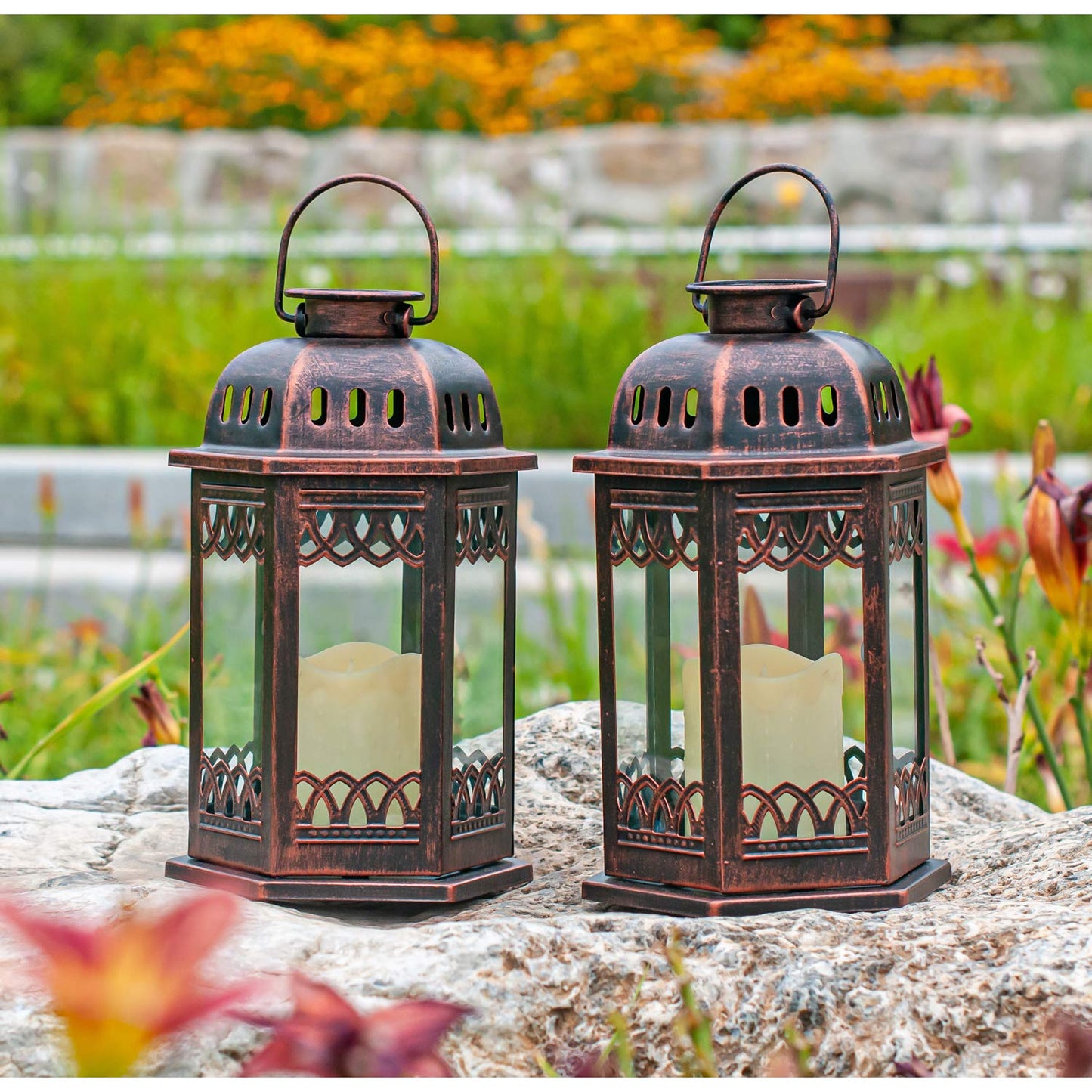 SteadyDoggie Solar Lanterns 2 Pack Bronze - Retro Ornate Hanging Lantern with Handle, Outdoor Lantern with Flickering Candle LED, 6.60 x 6.60 x 10.60 in