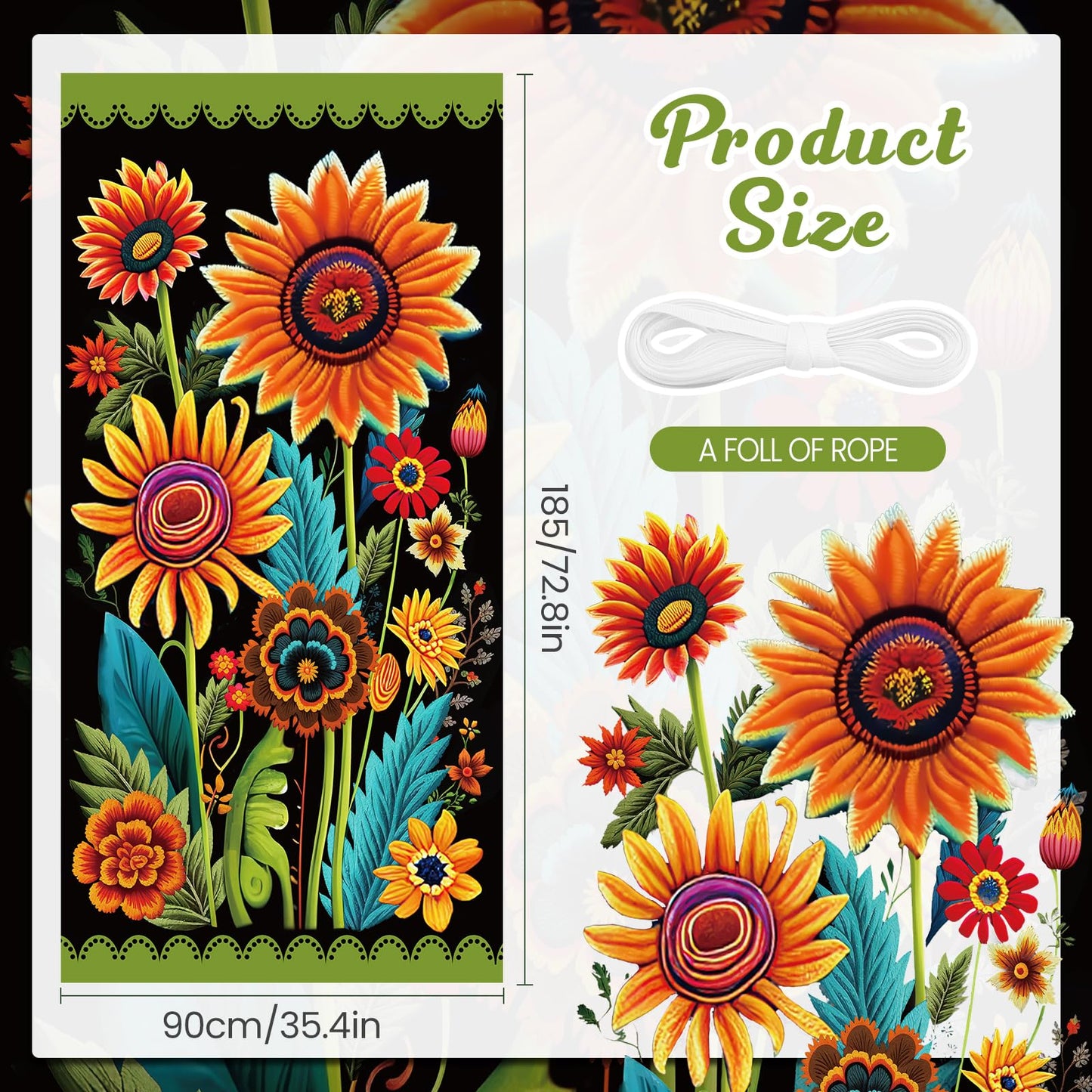 Spring Sunflower Door Banner - Black, Seasonal, Porch, Front Door Cover Background for Autumn, Fall, Outdoor, Home, Garden, Holiday