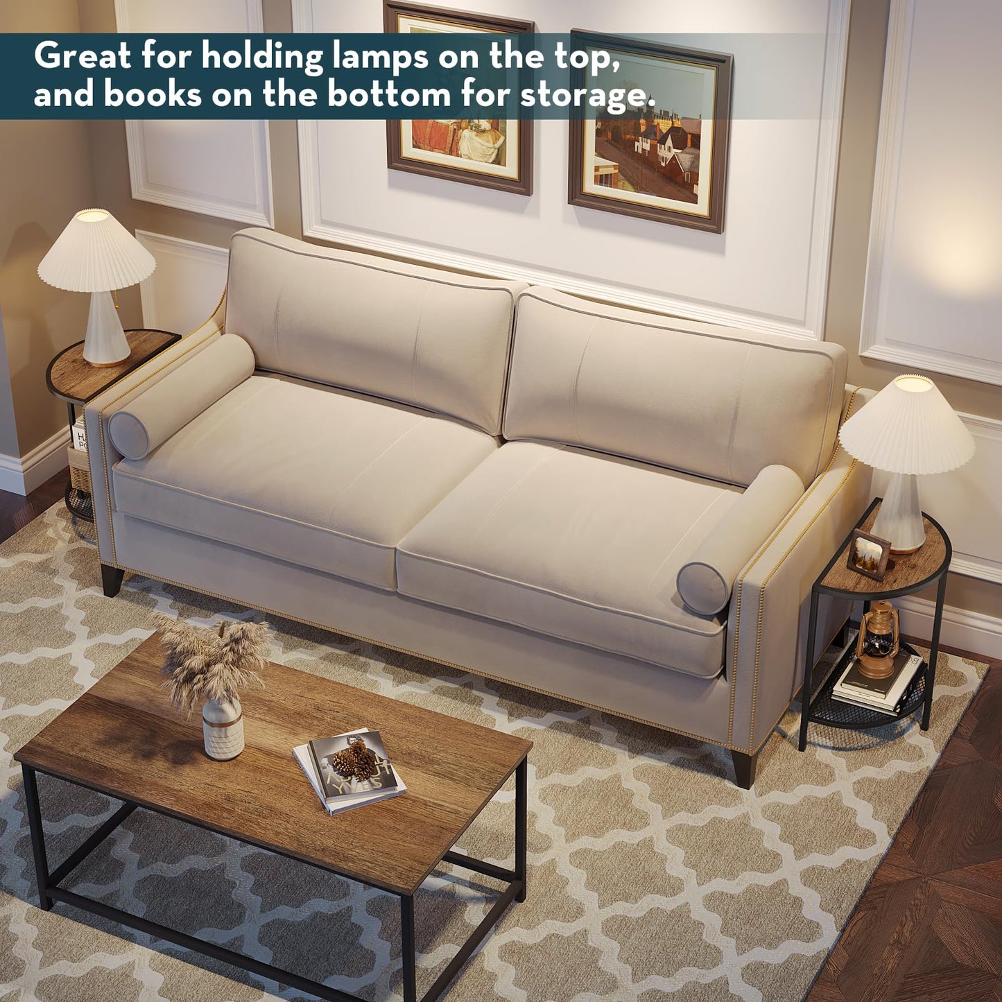 SAYGOER Small Side Table 19.7'' Half Moon Side Tables for Living Room 18.7"*10.4" Unique Modern Half Round Bed for Home Balcony 2 Tier Couch Tables with Storage Shelf, Adjustable Feet, Dark Walnut