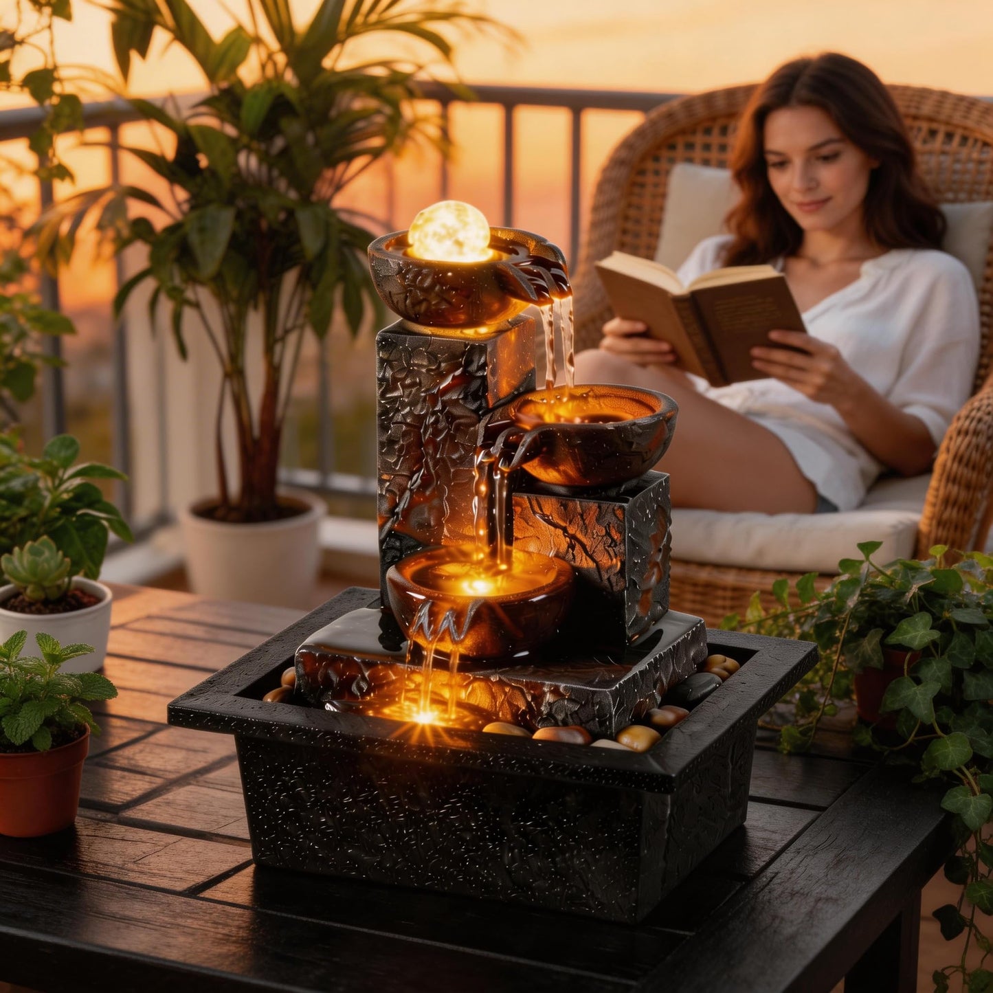 Tolevoit Three Bowls with Rotating Ball Flowing Tabletop Fountain Home Décor Indoor Decor Waterfall Sound Zen Mini Fountain Warm Led Light Pebbles Stone(23114)