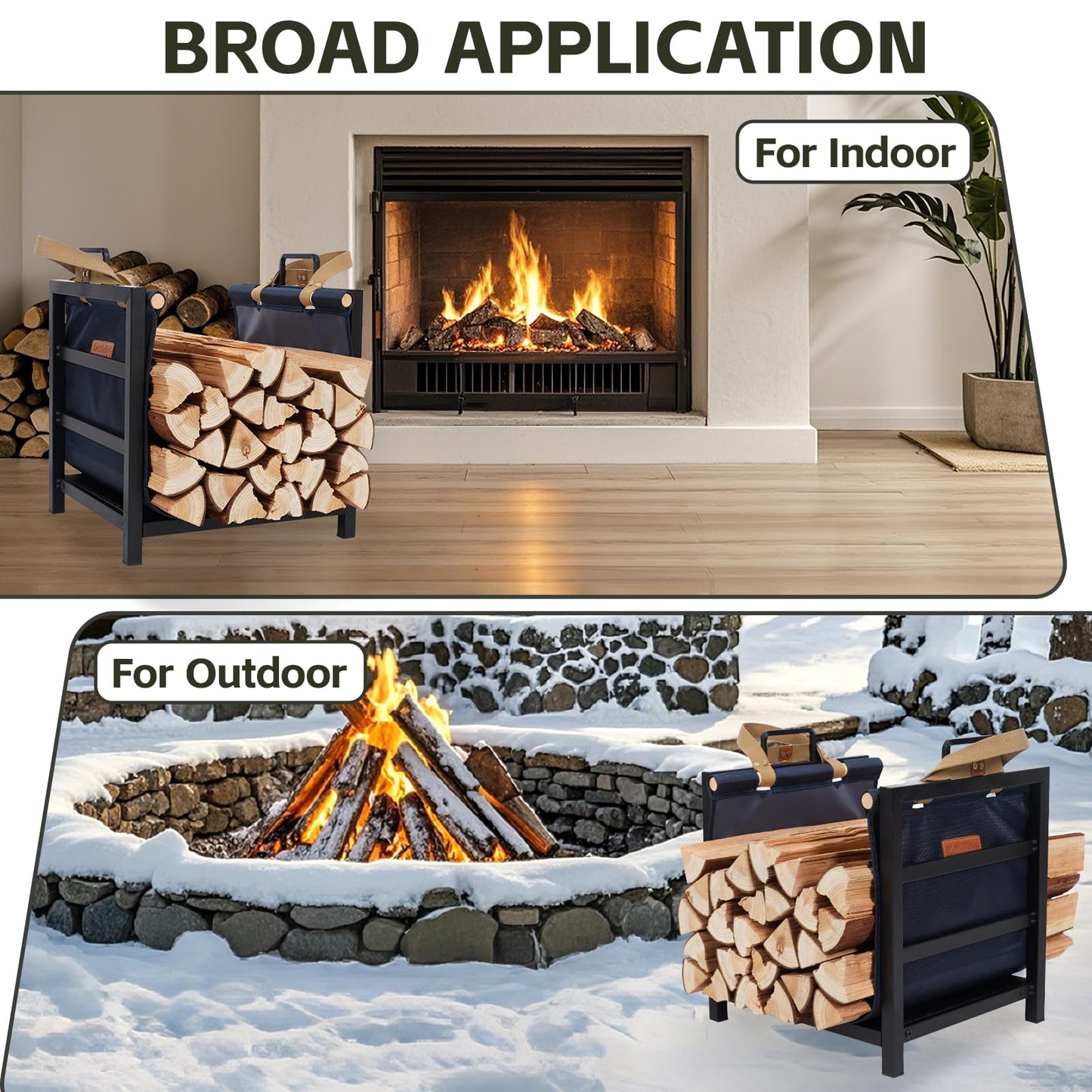Zettfuly Firewood Rack Indoor Outdoor with Firewood Carrier, Fireplace Wood Log Holder Heavy Duty Metal, Indooor Firewood Holder for Fireplace Wood Storage, 16 inch, Navy