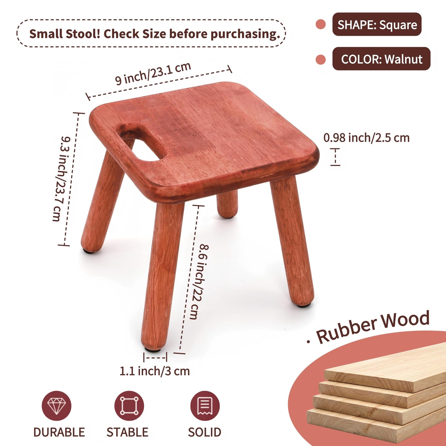 Mezchi 9'' Small Wooden Step Stool with Handle, Non-Slip One Step Stool, Square Portable Footstool, Solid Wood Sitting Stool for Plant, Adult, Kids, Bathroom, Bedroom, Walnut Color
