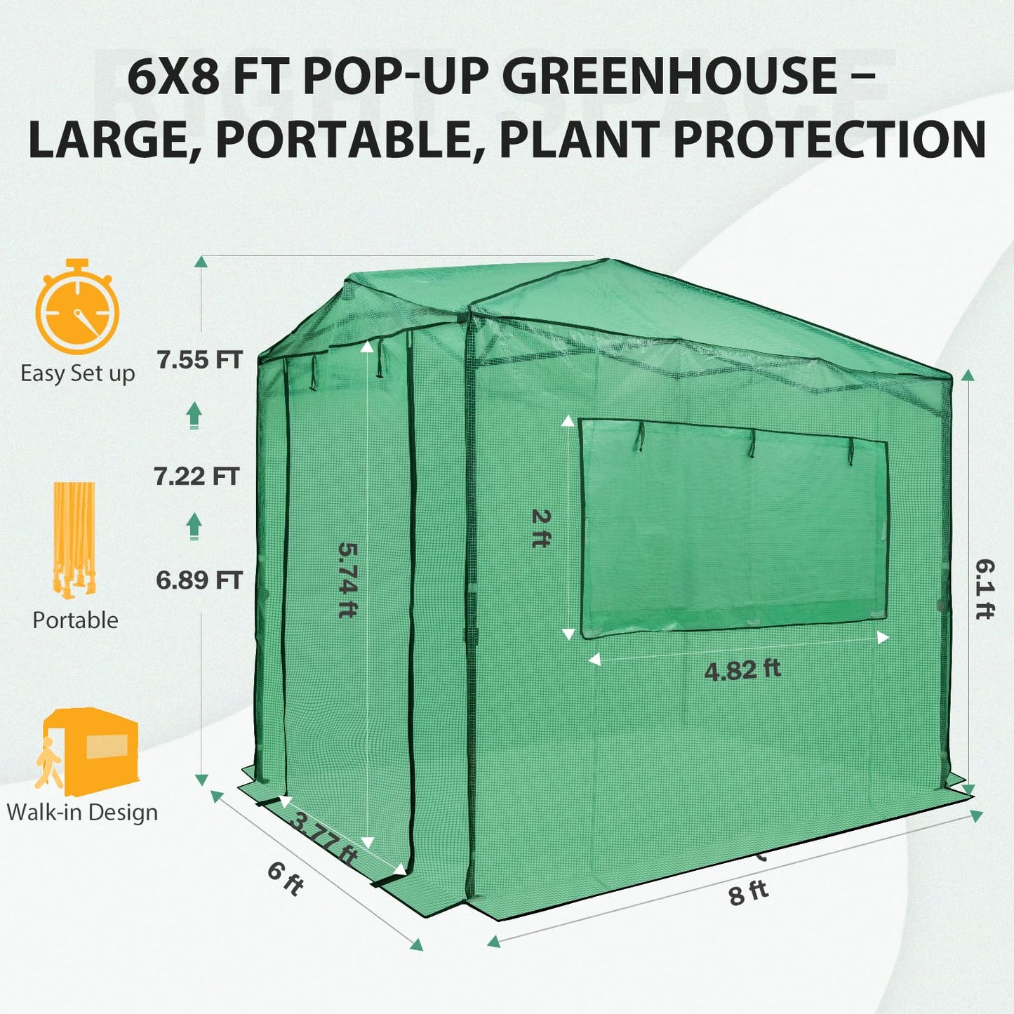 EAGLE PEAK 8x6 Portable Walk in Greenhouse, Pop Up Indoor Outdoor Greenhouse, Green House Kit with Zippered Roll-Up Doors and Windows, PE Cover, Clear/Green