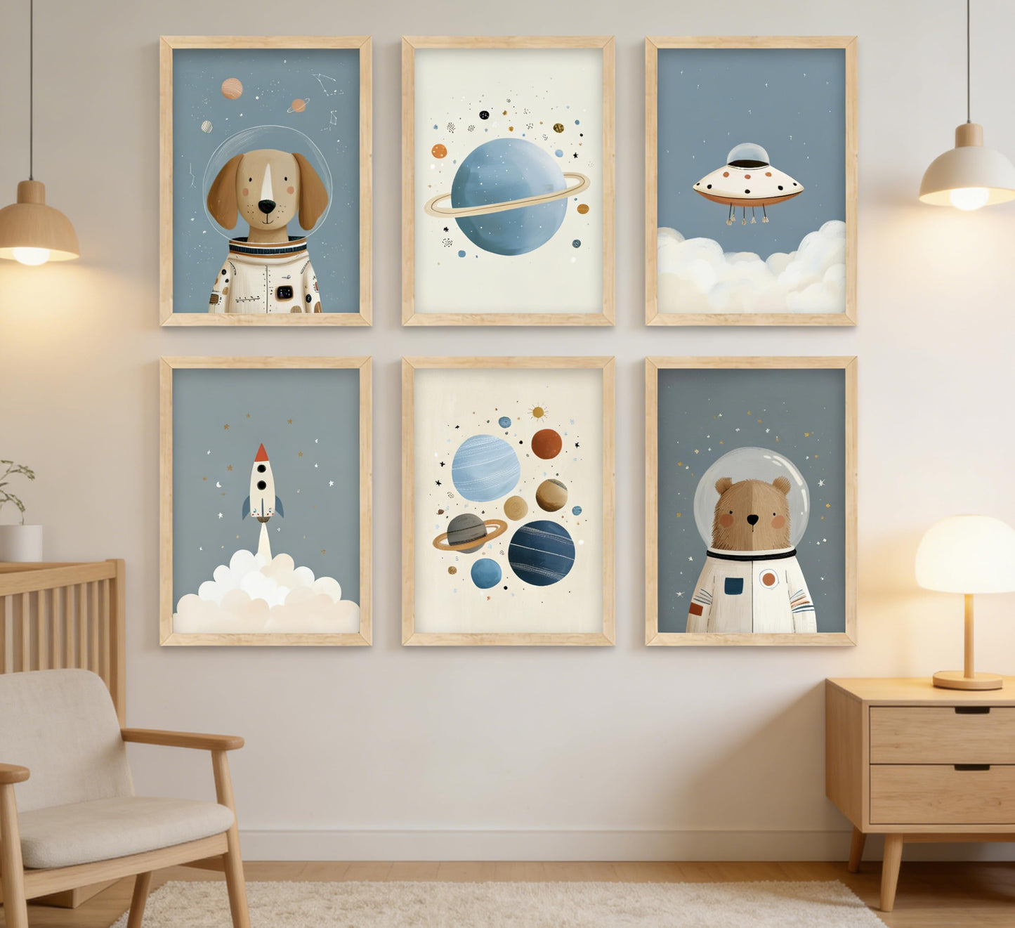 Puncland Cute Space Nursery Wall Art Funny Planet Rocketship and Astronaut Poster Cute Animals Decor Pictures Whimsical Adventure Nursery Painting Print Artwork for Nursery and Kids Bedroom Unframed