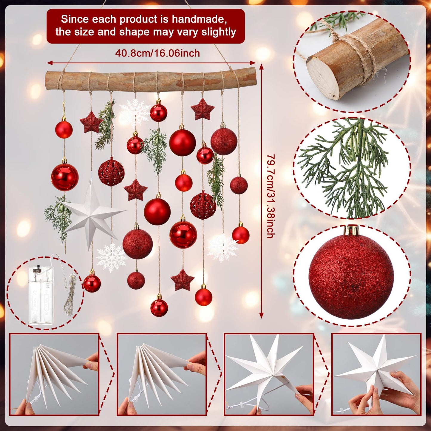 Halloscume Christmas Wall Hanging Decor with Light Wooden Branch Christmas Door Hanging Decorations Xmas Wall Art with Artificial Plants Red Ornament for Winter Holiday Kitchen Dining Room Decor