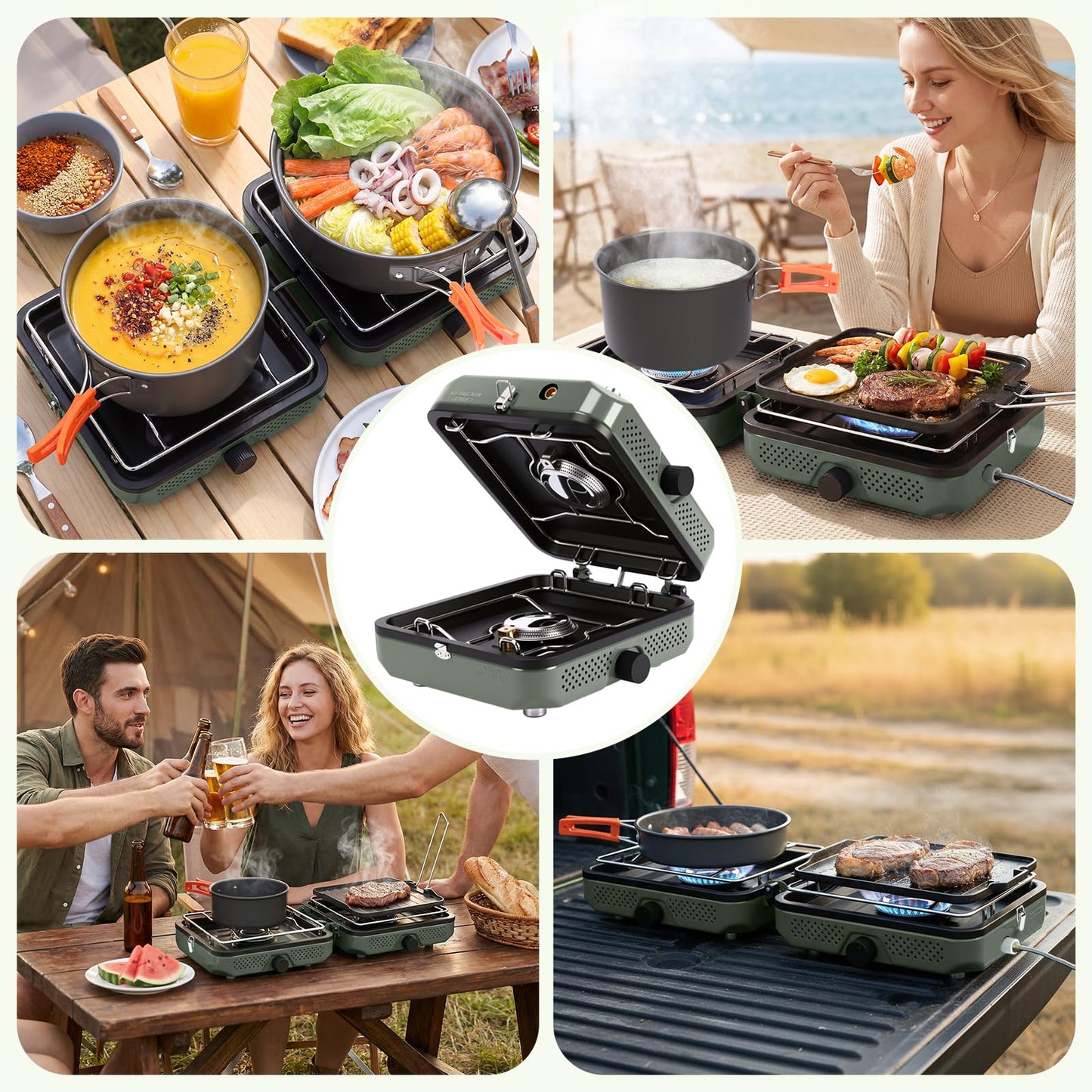 Hisencn 2 Burner Propane Camping Stove, 30000 BTU Foldable Portable Gas Stove with Cookware Set & Carry Bag, Outdoor Cooking for Camping, RV, Emergency Use, Green