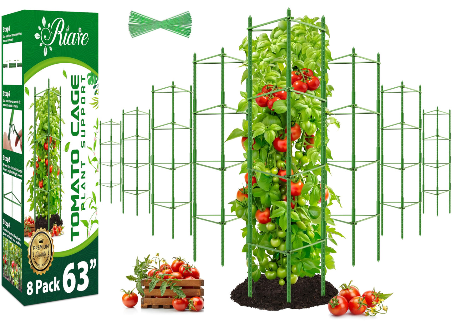 Riare 8 Pack 5.2 FT Tomato Cages for Garden- 63inches Heavy Duty Tomato Stakes and Supports, Adjustable Tall Tomato Plant Support Trellis for Pots, Raised Garden Bed, Climbing Vegetables Plants