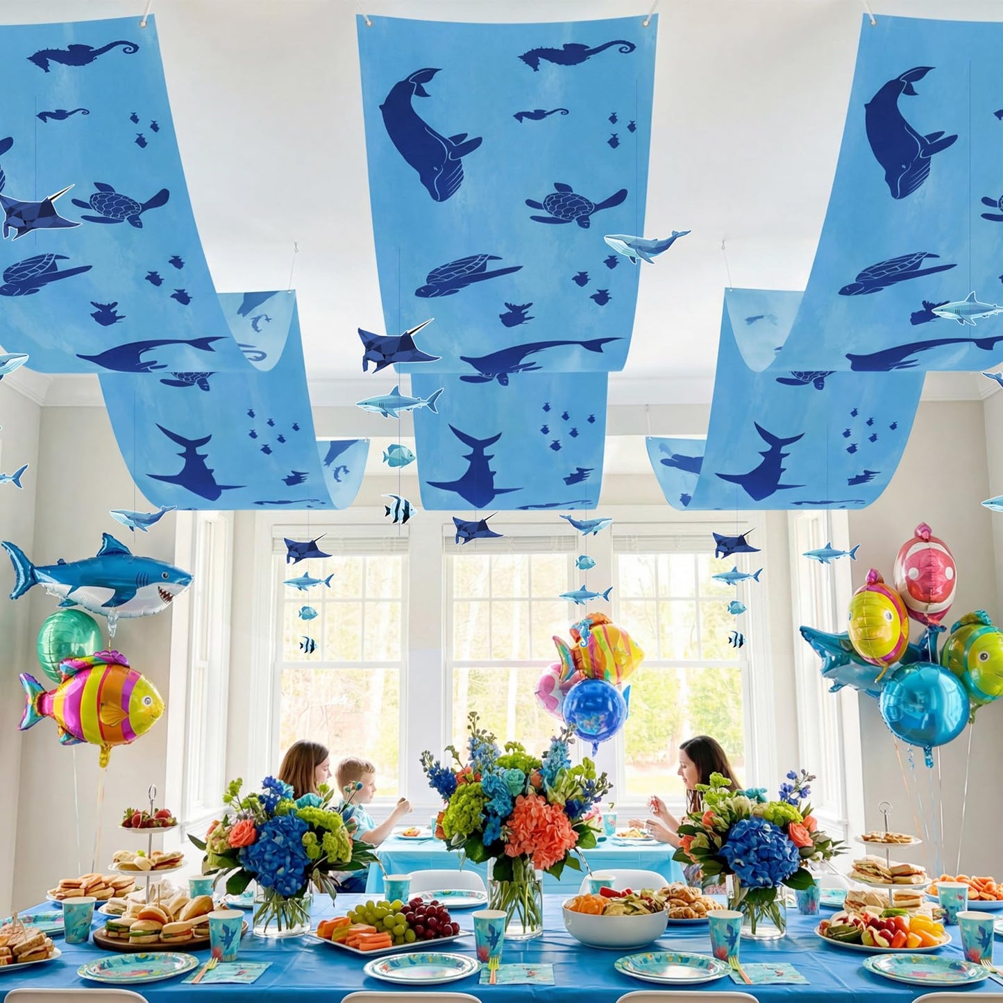3Pcs Shark Ceiling Decorations, Under the Sea Banners and Ocean Themed Fish Hanging Ornaments Decor Birthday Party Supplies