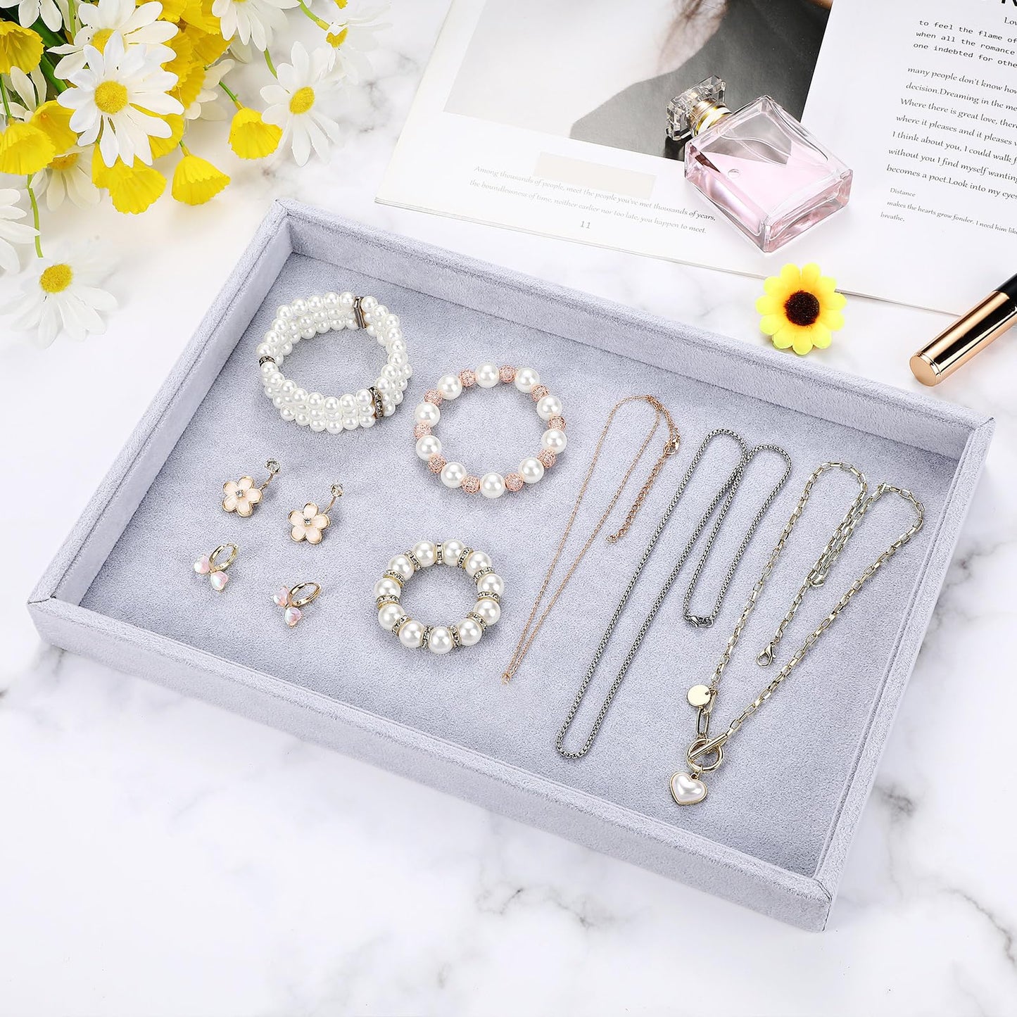 Quelay 4 Pcs Stackable Jewelry Tray Jewelry Organizer Tray Showcase Display Empty Plate Bracelet Ring Earring Organizer (Grey)