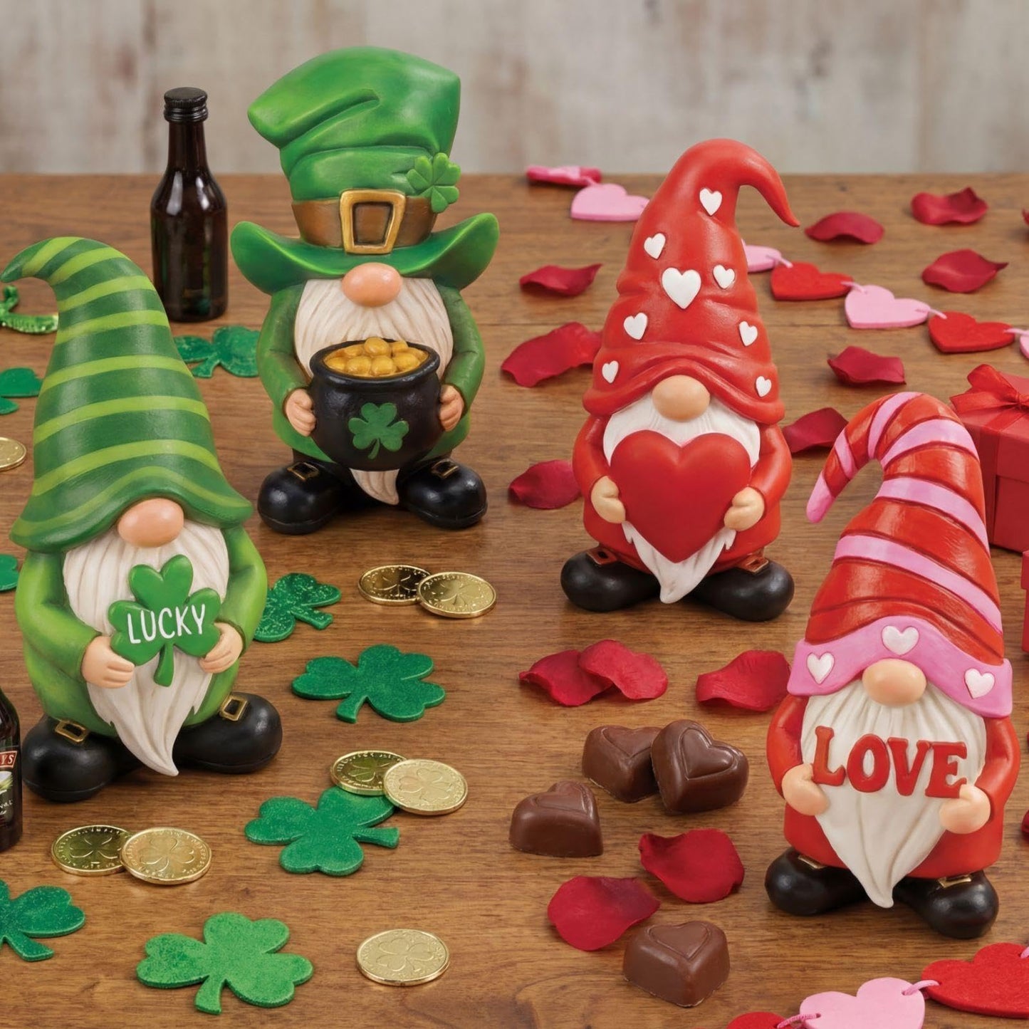 Simgoing 4 Pcs Holiday Gnomes Figurines 2 Valentines 2 St Patrick's Day Gnomes, Resin Love Heart Figurines Lucky Tabletop Decor Holiday Statues Centerpieces for Spring Home Table Tiered Tray
