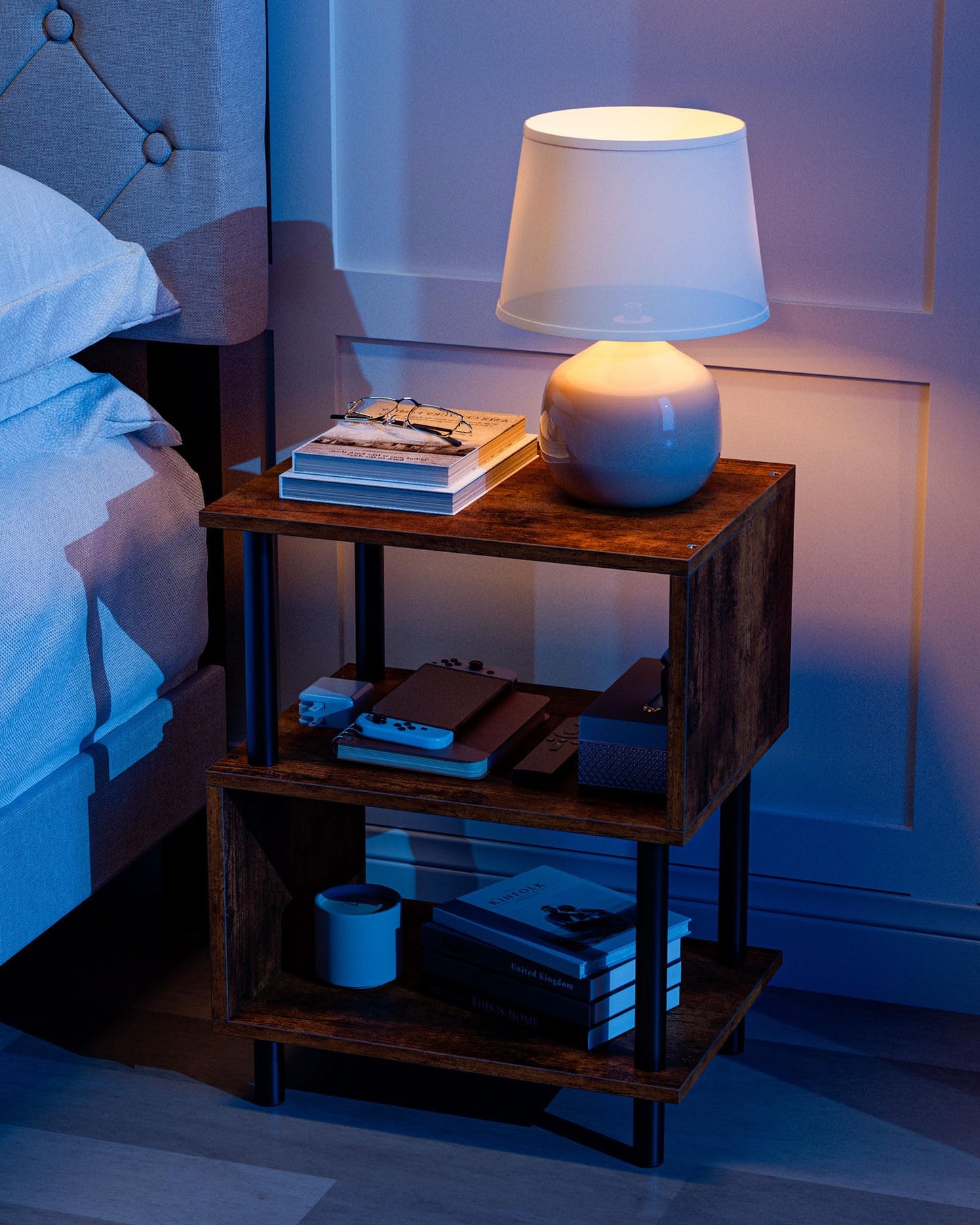 Frylr Small Side Table, End Table and Nightstand with 3-Tier Wood Shelves, Sturdy Metal Frame with 44 LBS Capacity per Shelf, Easy to Assemble for Living Room or Bedroom,Rustic Brown