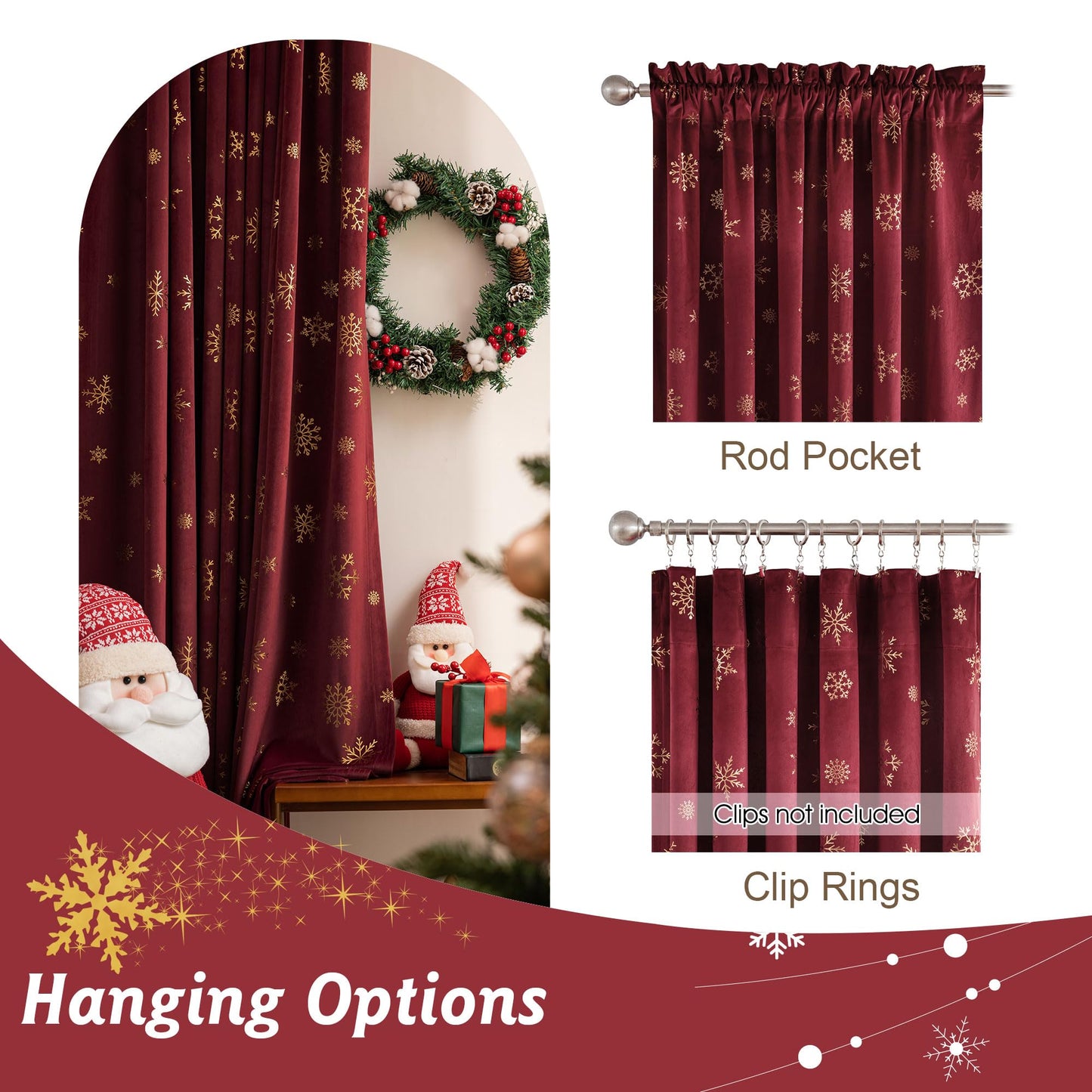 Beauoop Christmas Red Velvet Curtains 84 Inches Long 2 Panels for Bedroom Living Room Gold Snowflake Holiday Decor Burgundy Thermal Insulated Room Darkening Rod Pocket Window Treatments Drapes, 52X84