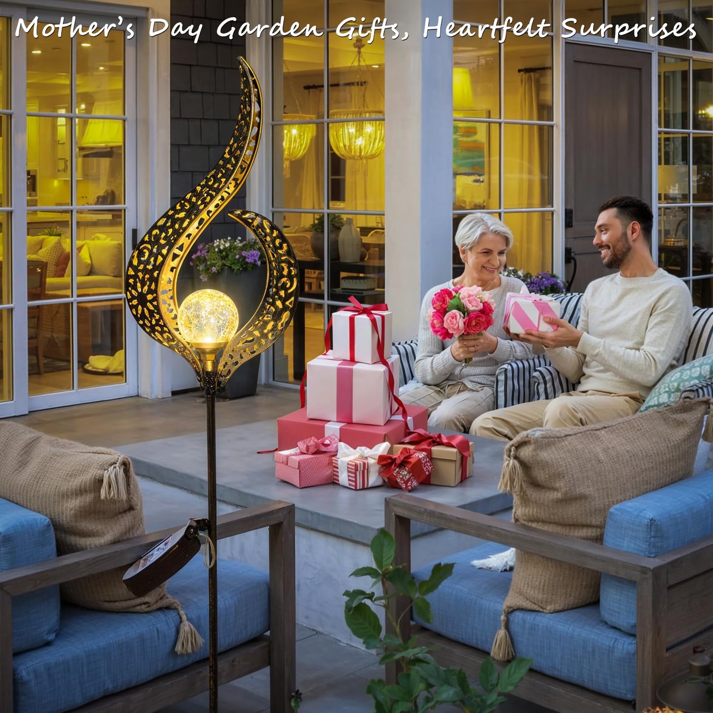 Outdoor Garden Gifts Solar Lights Stake Waterproof, Mothers Day Gifts Mom, Crackle Glass Metal Flower LED Yard Art Ornaments Lights for Pathway, Lawn or Courtyard, Birthday Gifts Women (Bronze)