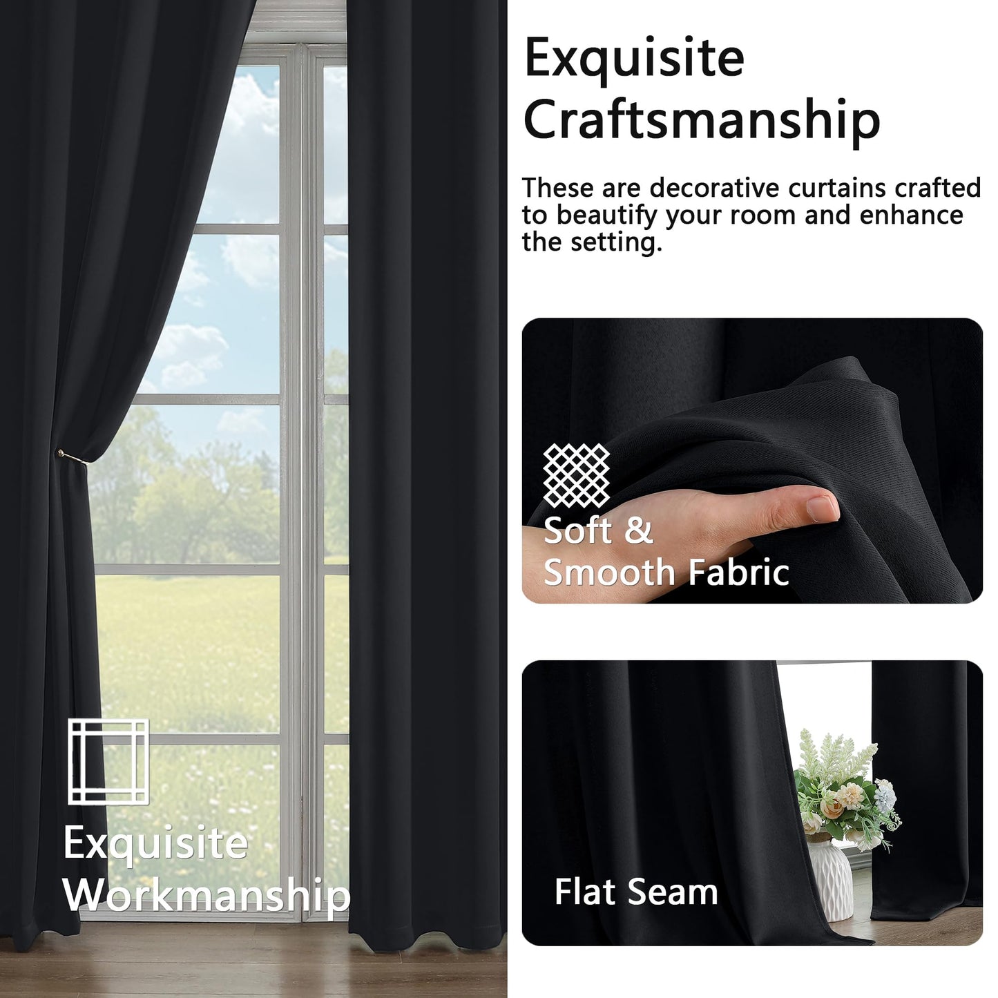 Simplebrand Halloween Black Blackout Curtains for Bedroom 63 Inch Length 2 Panels Set, Grommet Solid Thermal Insulated Black Out Curtains, Room Darkening Energy Saving Window Drapes, W40 x L63