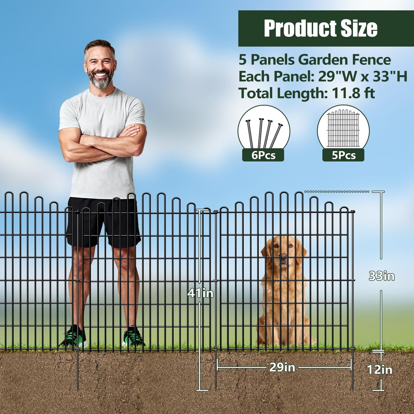 5 Panels No Dig Decorative Garden Fence, 33in H x 11.8ft L Animal Barrier Fencing, Rustproof Dog Fence Outdoor for Yard, Metal Wire Panel Border, Classic Arched-Top Panels for Patio, Flower Bed