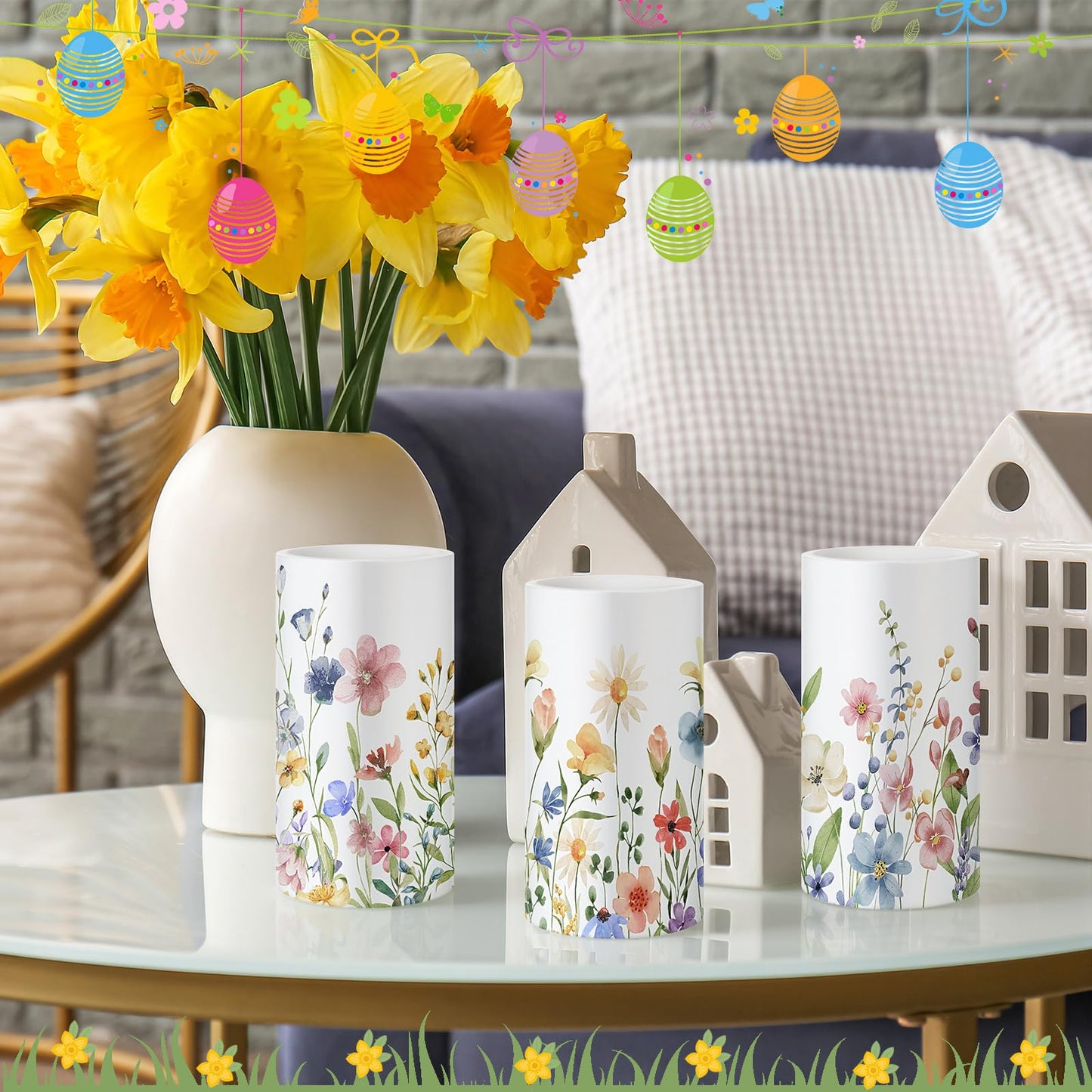 Retisee 3 Pcs Spring Wildflower Flameless Candles Spring Floral Battery Operated Flickering LED Candles with Remote Floral Gifts Decoration for Easter Wedding Table Centerpieces Home Living Room Decor