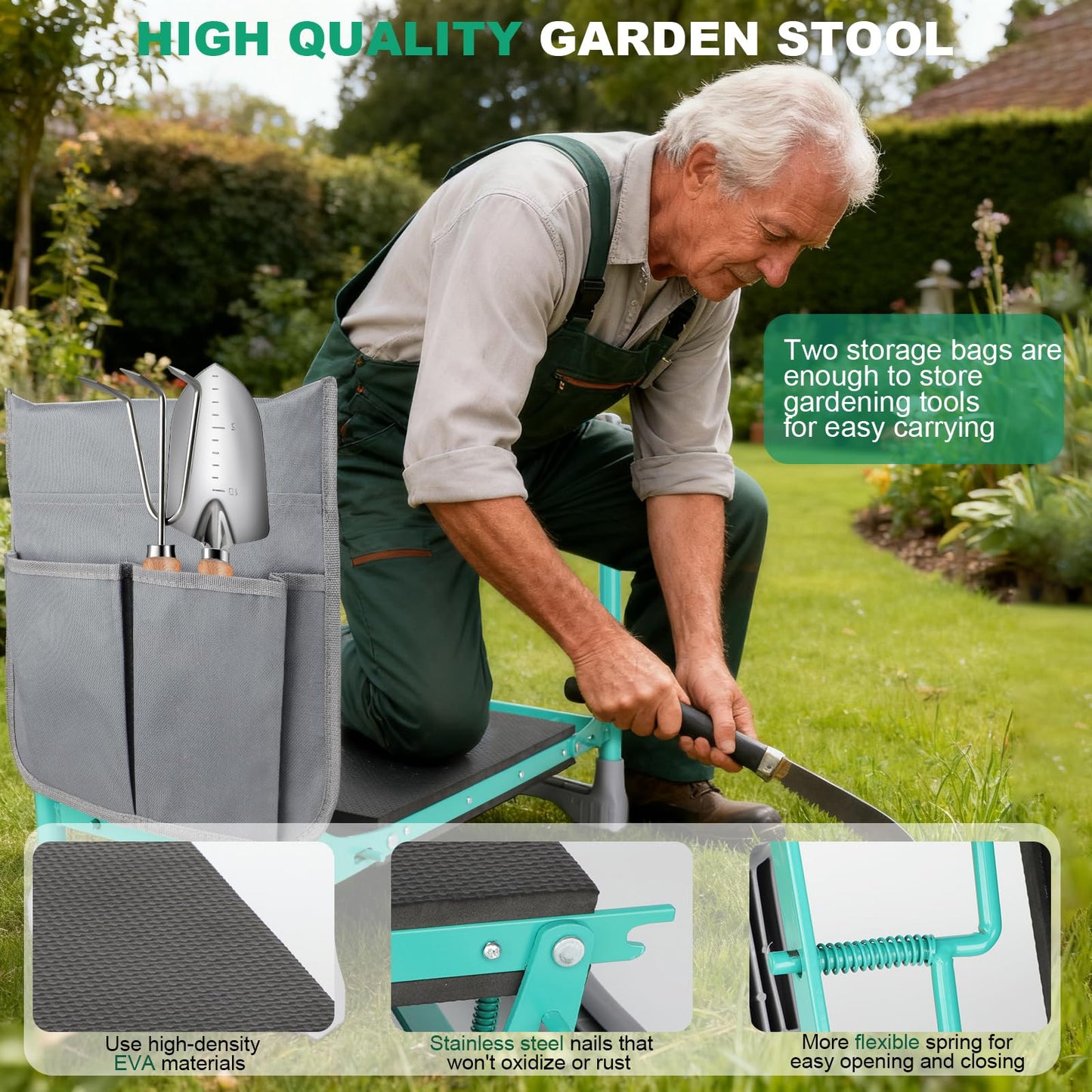 WEILISEN Garden Kneeler and Seat, 2-in-1 Foldable Garden Bench with Non-Slip EVA Foam Pad, Storage Bags, Glove, Portable Gardening Stool for Kneeling & Sitting, Ideal for Gardeners, Patio, Fishing