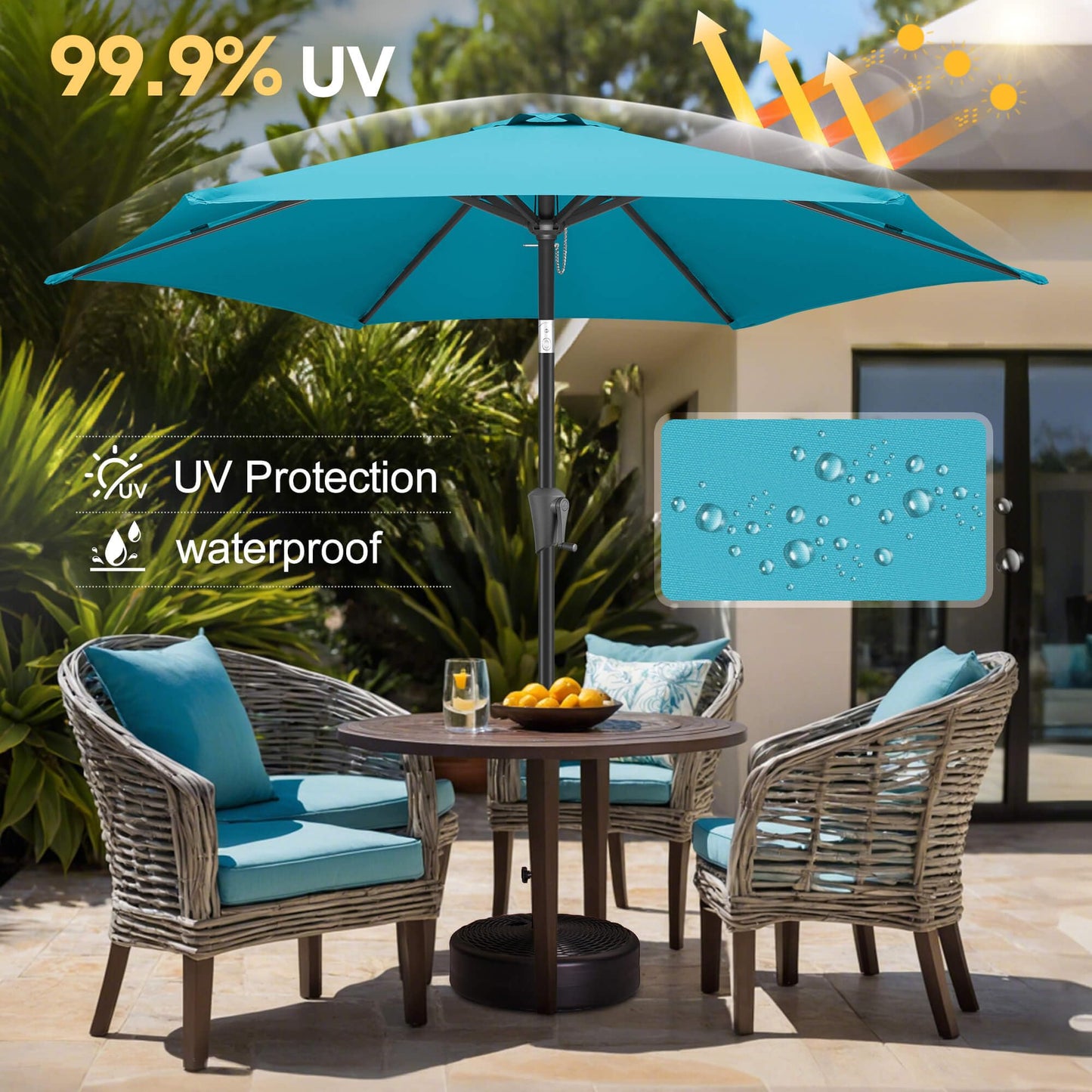 FLAME&SHADE 7.5ft Patio Umbrella - Outdoor Umbrella with Push Button Tilt and Crank for UV Protection, Table Market Umbrella for Garden, Deck, Backyard, Pool and Beach(Aqua Blue)
