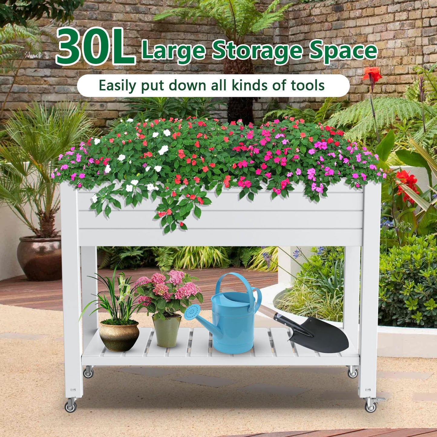 Vixzen Raised Garden Bed Outdoor,Reinforced Large Planter Box with Wheels & Storage Shelf,Mobile Planter Bed Box for Backyard, Patio, Balcony (Ashen, 21Gal（43.31"×17.72"×33.66"）)