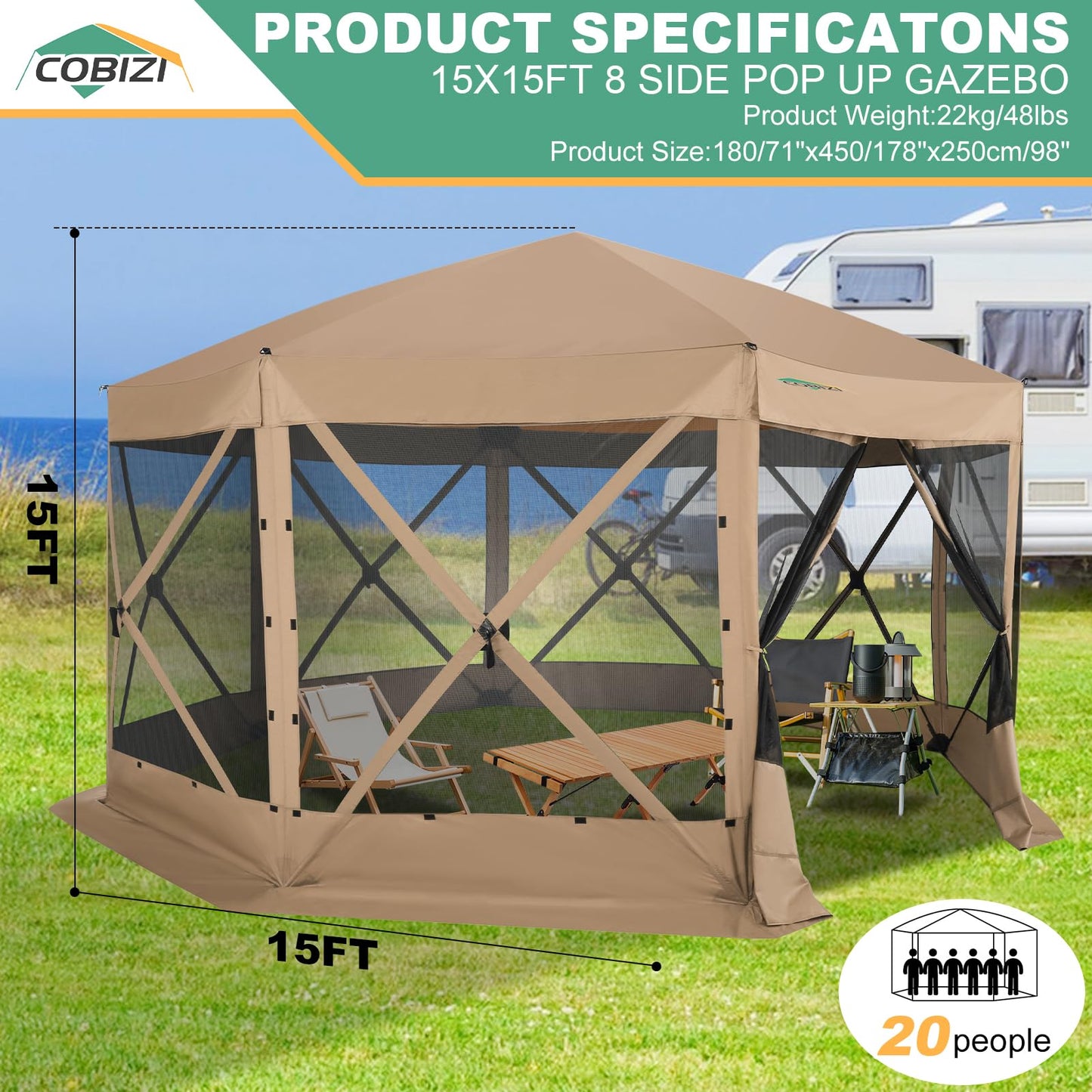 COBIZI 15x15 FT Pop Up Gazebo - Canopy Tent, Large Gazebos On Clearance, Hot tub Screened in Gazebo,carpas para Patio,Portable Screen Tents for 12-15 Persons Outdoor Camping, Backyard, Khaki