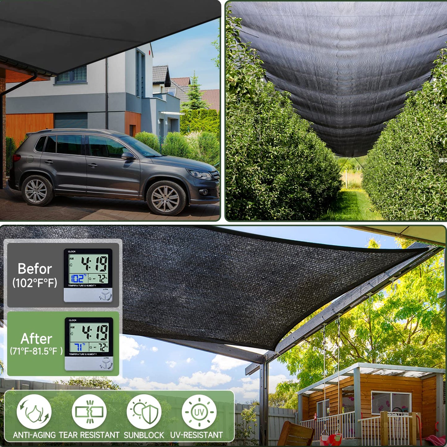 FOTMISHU 75%-80% Shade Cloth 6.5ftx16ft Heavy Duty Anti-Aging Sun Mesh UV Resistant Net, Sunblock Garden Shade Mesh Tarp for Plant Cover, Barn or Kennel, Flowers, Plants, Used for 3 Years or Even Long