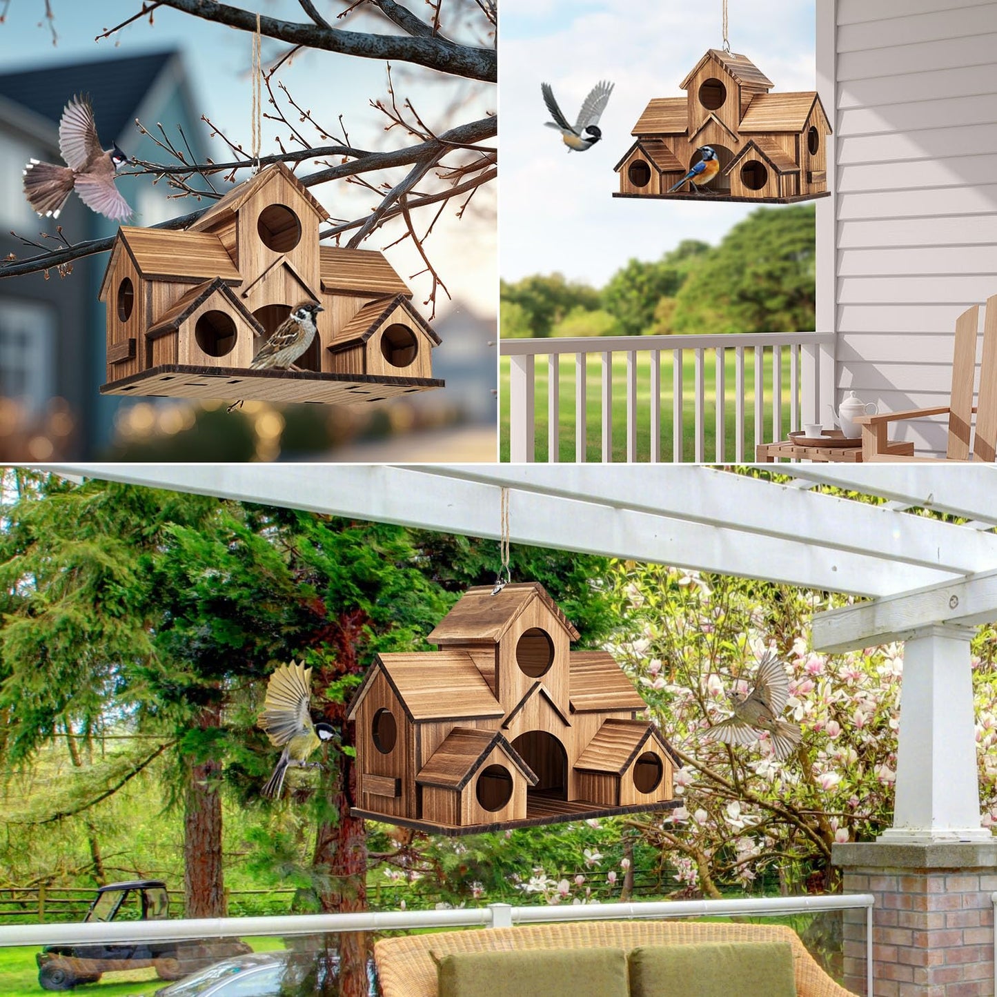GLOPHOK Bird Houses for Outside, 5-Hole Wooden Birdhouse for Bluebirds Finch Swallow Wren Chickadee Hummingbird, Hanging Bird House for Outdoor Clearance Garden Courtyard
