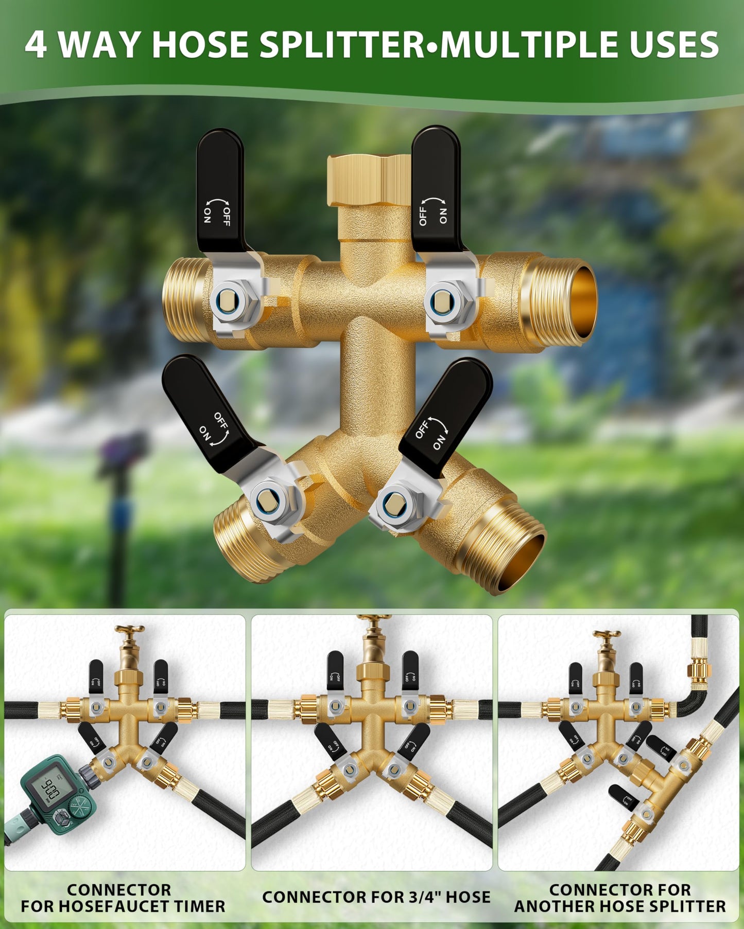 4 Way Hose Splitter, Heavy Duty Brass Garden Hose Splitter, Water Hose Bib Spigot Splitter with 0.59" Full Flow Ball Valve Outlet & Shut-Off Valve 3/4'' Connector Outdoor Water Faucet Adapter