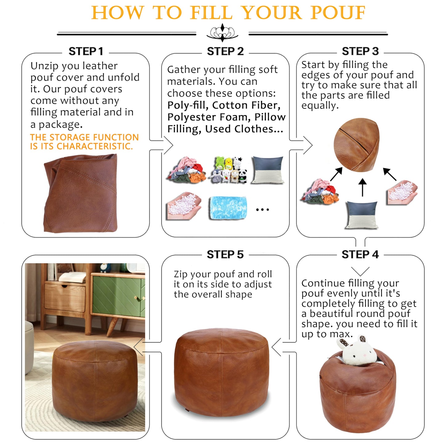Thgonwid Unstuffed Faux Leather Pouf Cover, Handmade Footstool Ottoman Storage Solution, Floor Footrest Cushion, 16.5”Dx12”H, Amaretto