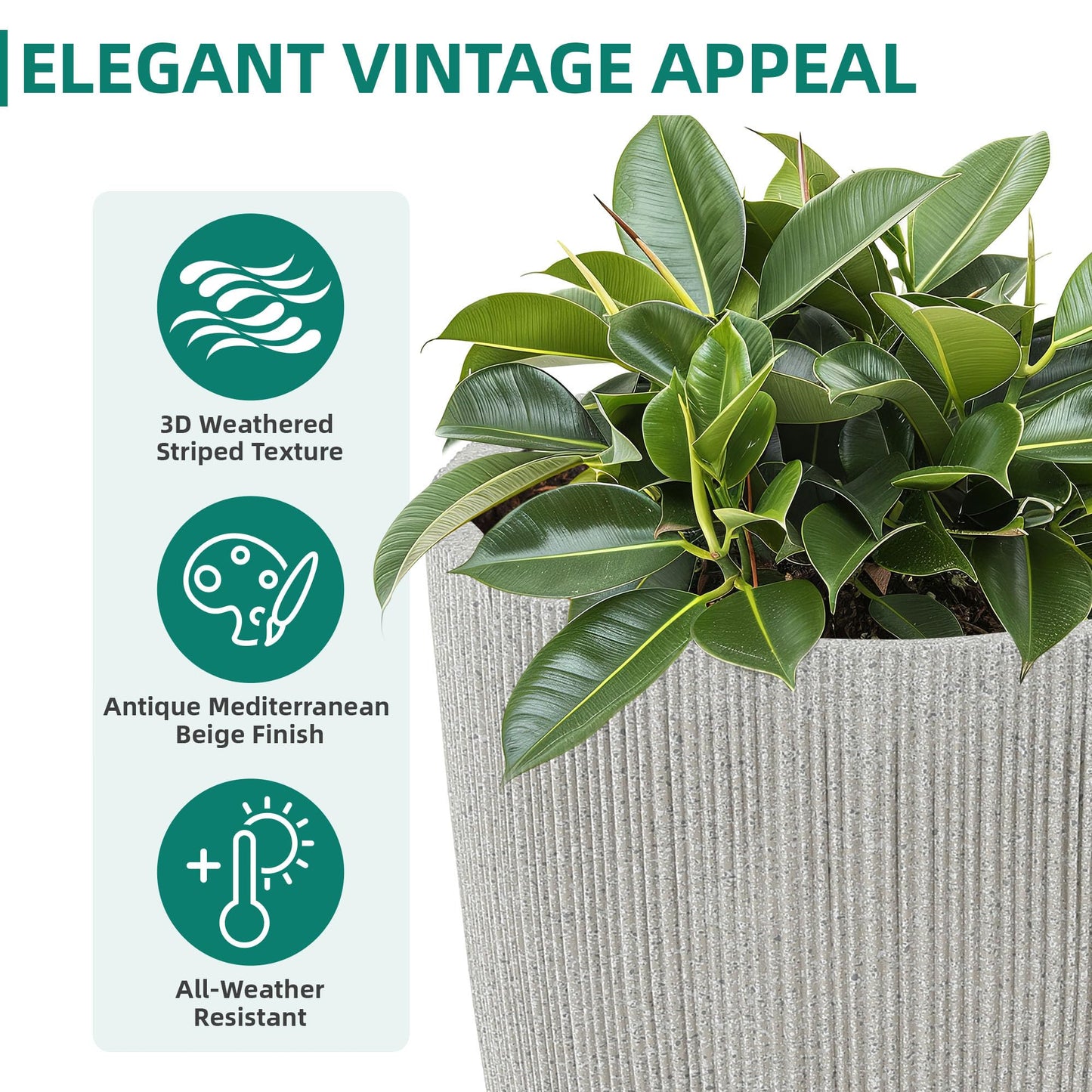 Ultym 19" Tall Planter for Indoor Outdoor Plants, Set of 2 Large Flower Pot with Drainage Hole, Weather/UV-Resistant Resin Planters for Garden Patio Porch Home office Decor, Mediterranean Beige Fluted
