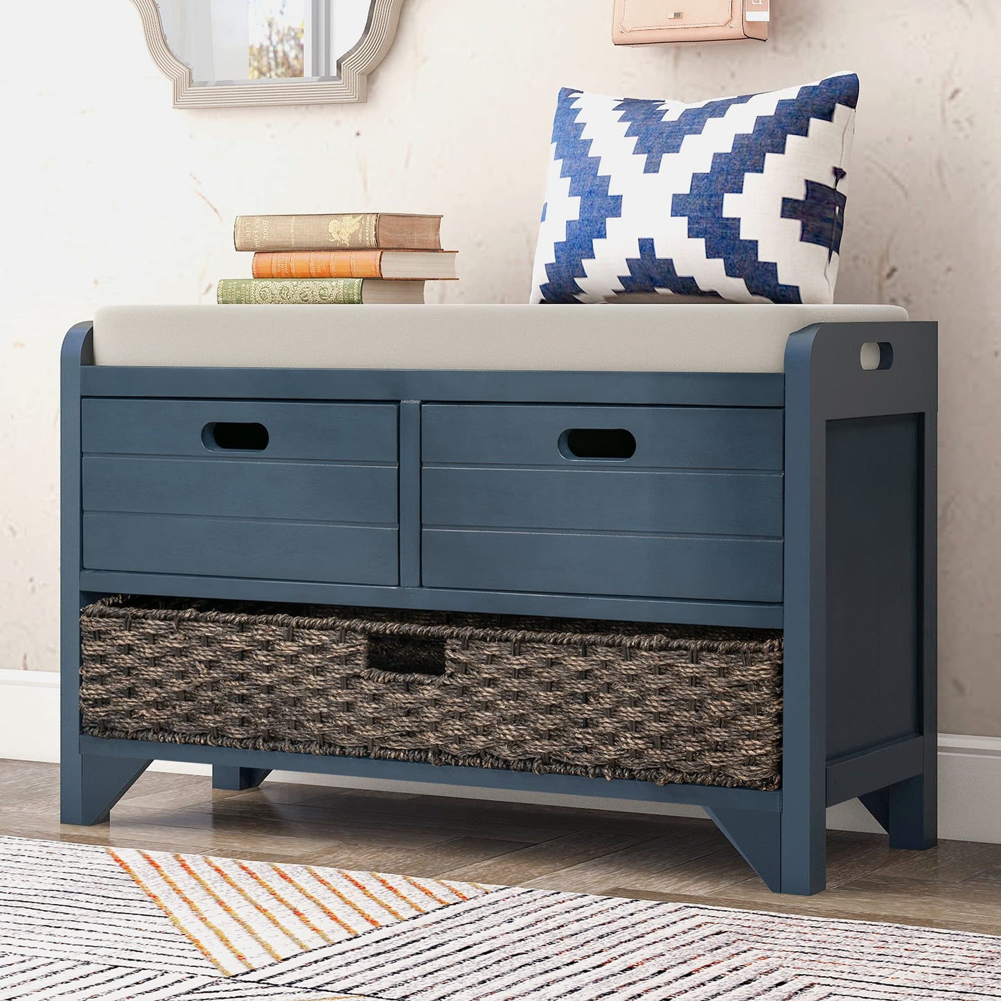 P PURLOVE Wood Storage Bench with Removable Basket and 2 Drawer,Fully Assembled Entryway Storage Bench Shoe Bench with Removable Cushion for Hallway Entryway Living Room