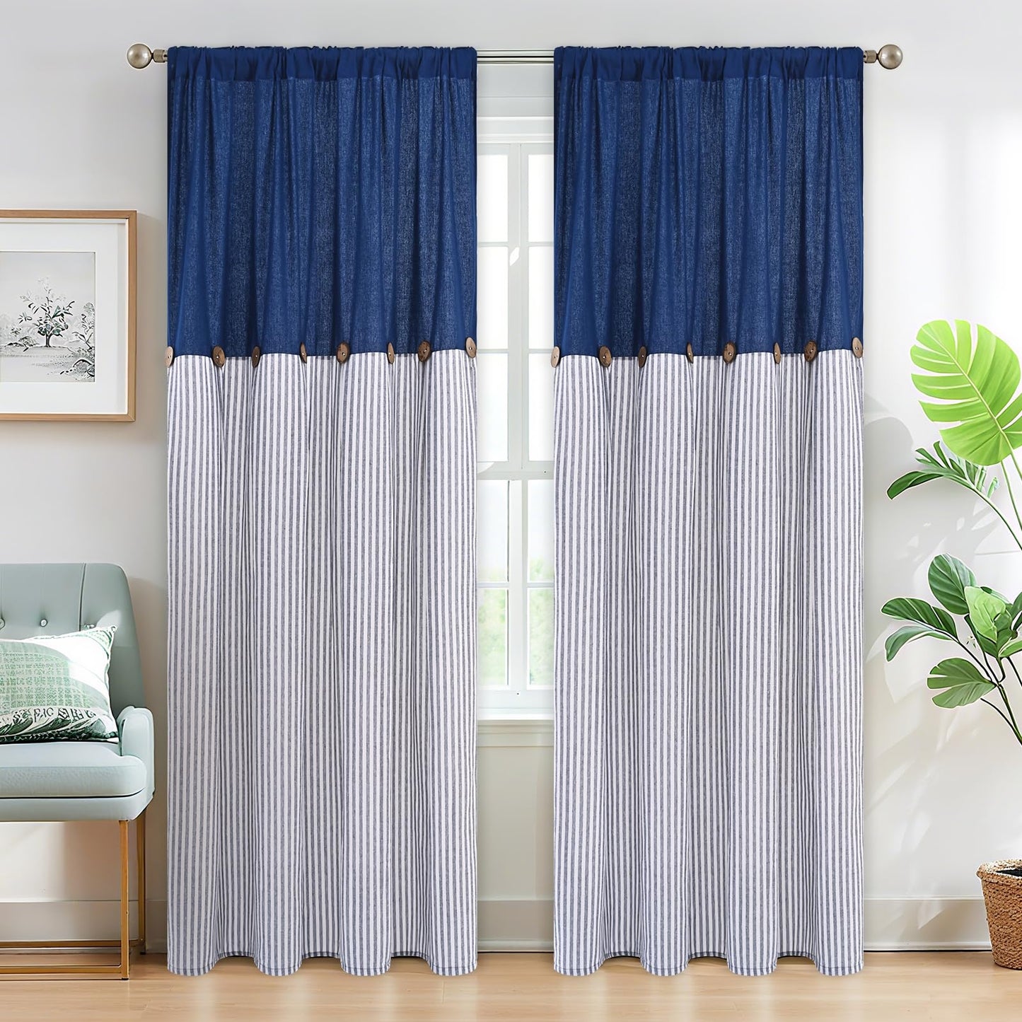 ASPMIZ Cotton Linen Farmhouse Curtains for Living Room, Boho Rustic Button Window Curtain Panels, Blue Striped Curtains for Bedroom, Country Back Tab Modern Drapes for Windows 52 x 84 Inch 2 Panels