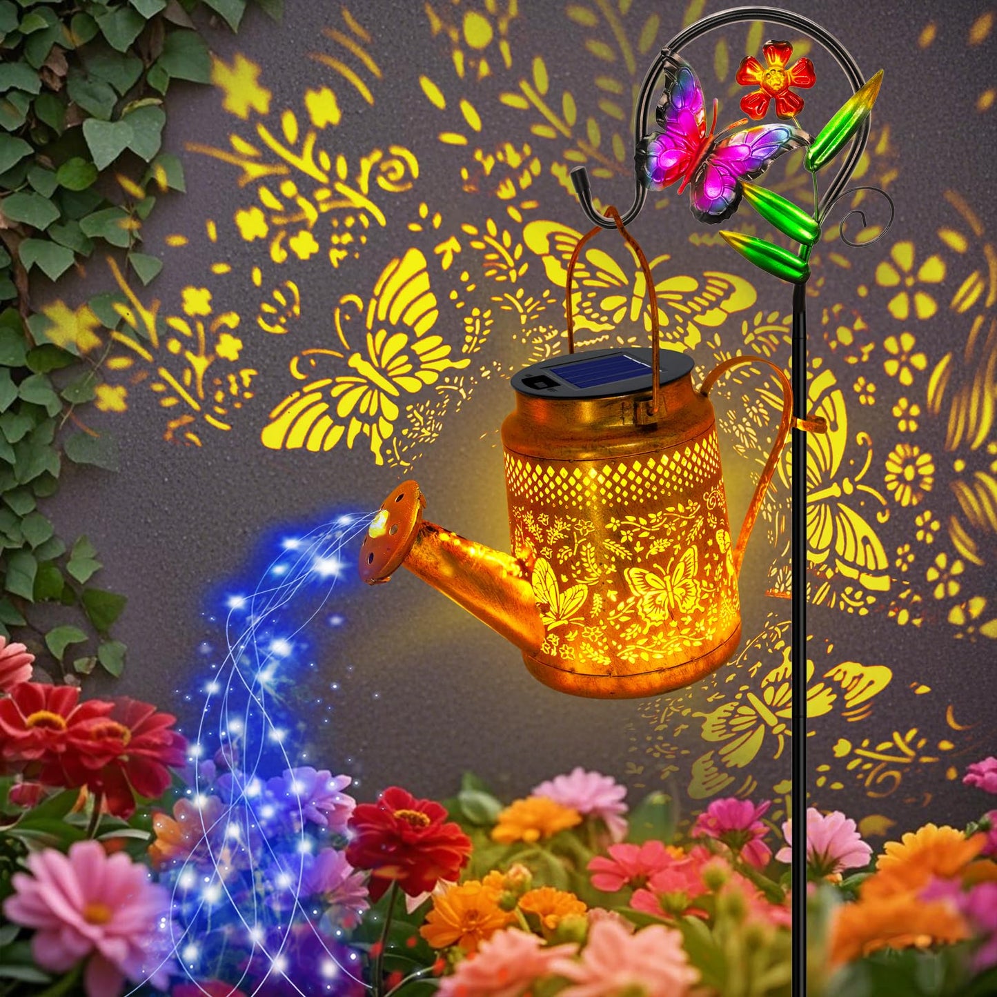 ANGMLN Butterfly Solar Lights Outdoor Waterproof, Solar Watering Can Lights with Shepherd Hook, Metal Hanging Lantern Garden Decor Yard Outside Patio Lawn, Gifts for Mom Grandma Women Birthday