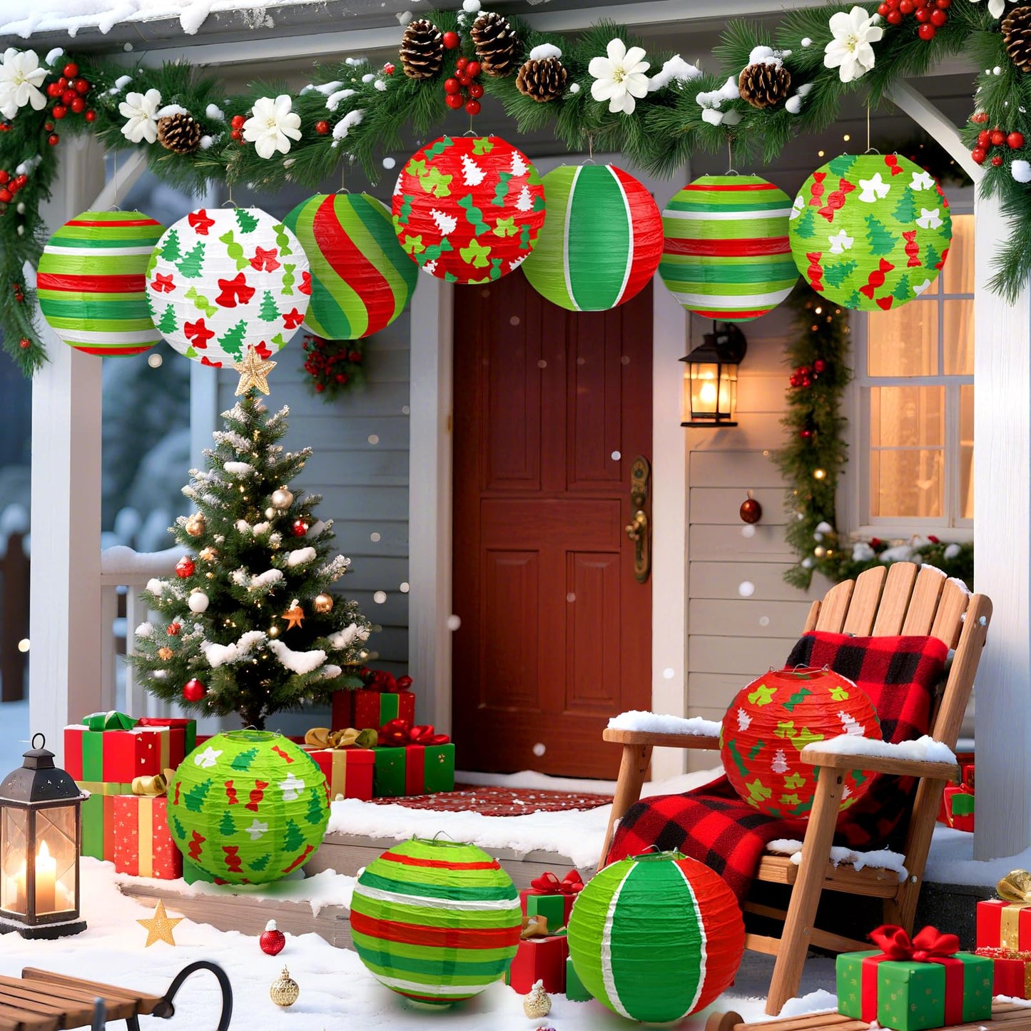 ADLKGG Christmas Party Decorations, Red Green Christmas Trees Bell Candies Printed Paper Lantern Decorative for Holiday Xmas Party Baby Shower Birthday Indoor Outdoor, 12Pcs