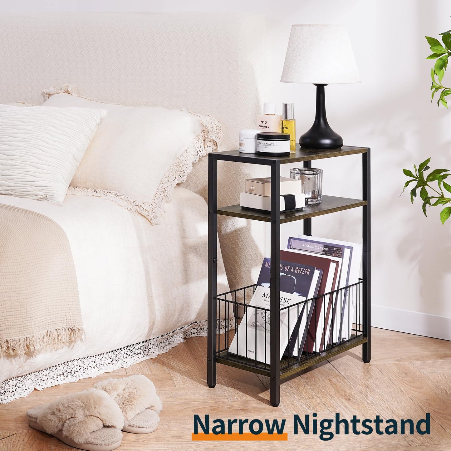 Yoobure Narrow Side Table with Storage Basket, Small End Table for Small Spaces Skinny Side Tables Living Room Bedroom, Slim Nightstand 3 Tier Bedside Table Space-Saving for Magazine, Rustic Brown