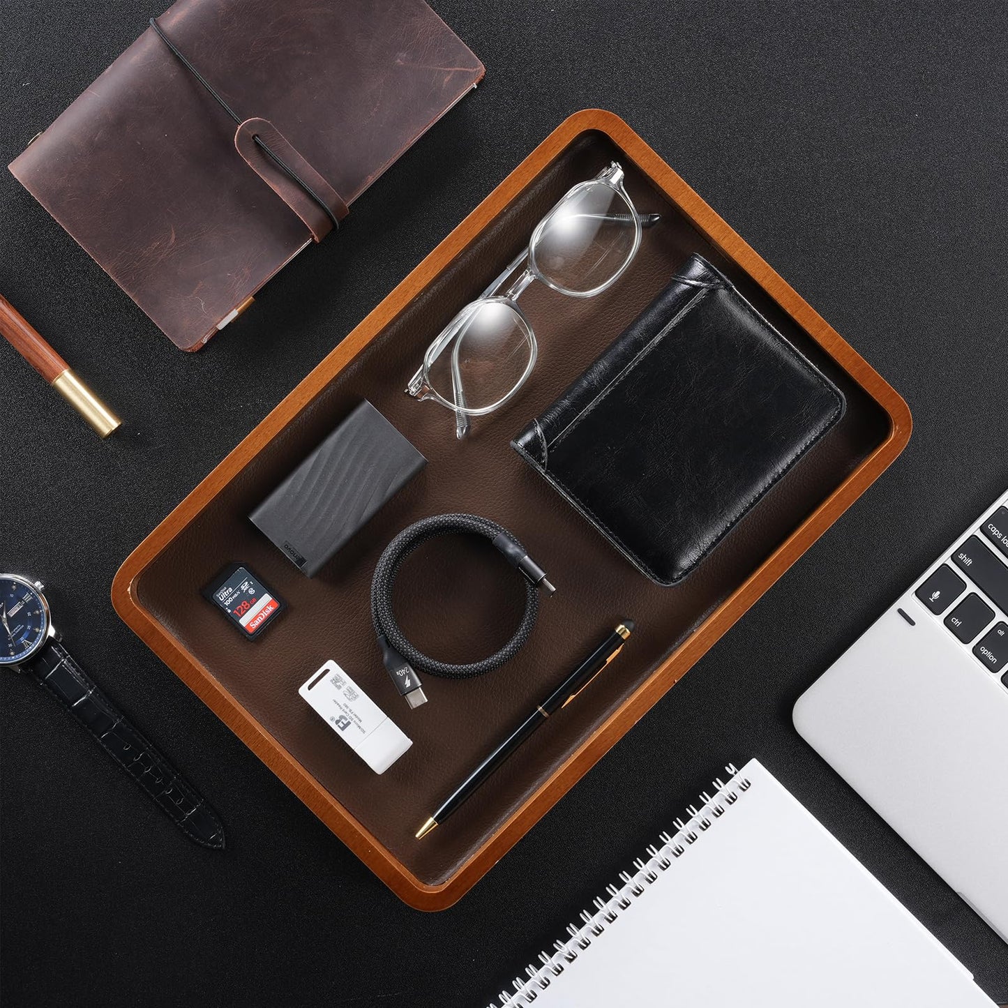 ProCase Wooden Valet Tray for Men, Wood Catch-All EDC Organizer, Nightstand, Entryway Bedside Dump Holder, for Wallets, Keys, Watches, Phones, Loose Change, Trinkets -DarkBrown