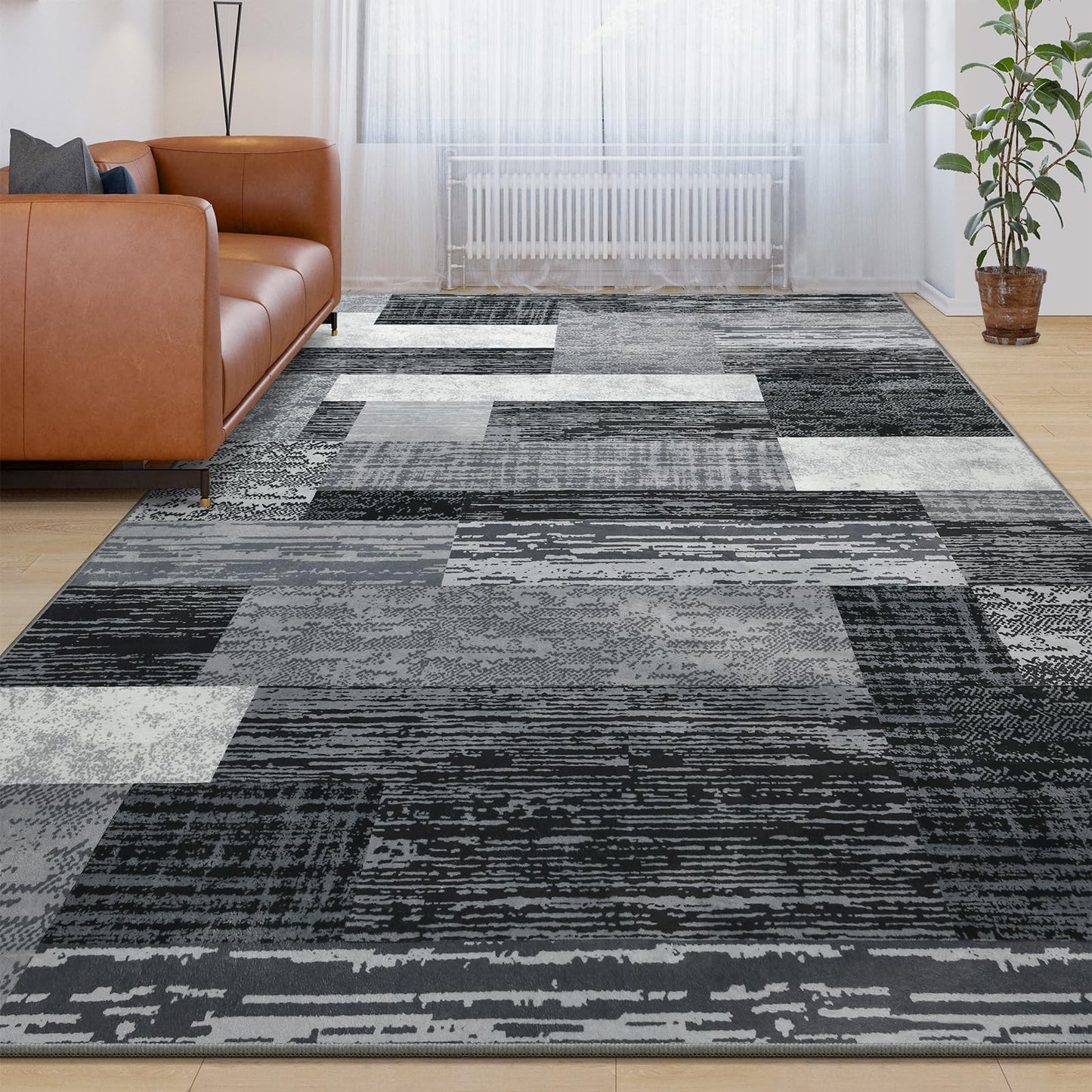 Large Area Rugs,Modern Geometric Patchwork Floor Decor for Bedroom Aesthetic Carpet, Rockwood Collection, Indoor Rugs for Living Room, Dining Room, Nursery, Office, Machine Washable Rug,6x9 Ft Grey
