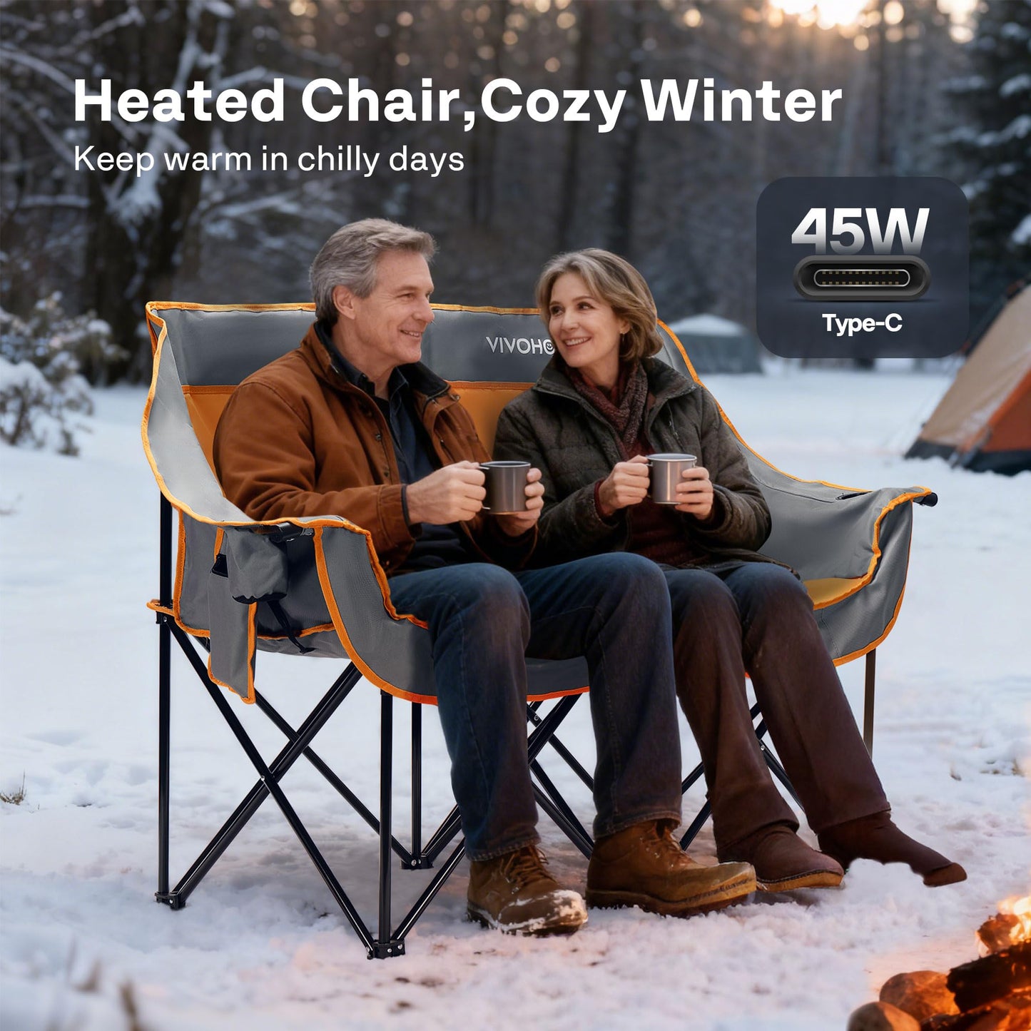 VIVOHOME 45W Padded Heating Double Camping Chair with 2 x 27000mAh Power Bank, Heated Oversized Portable Loveseat for Outdoor Sports, 3 Levels of Heat, Overheat Protection System, Orange and Gray