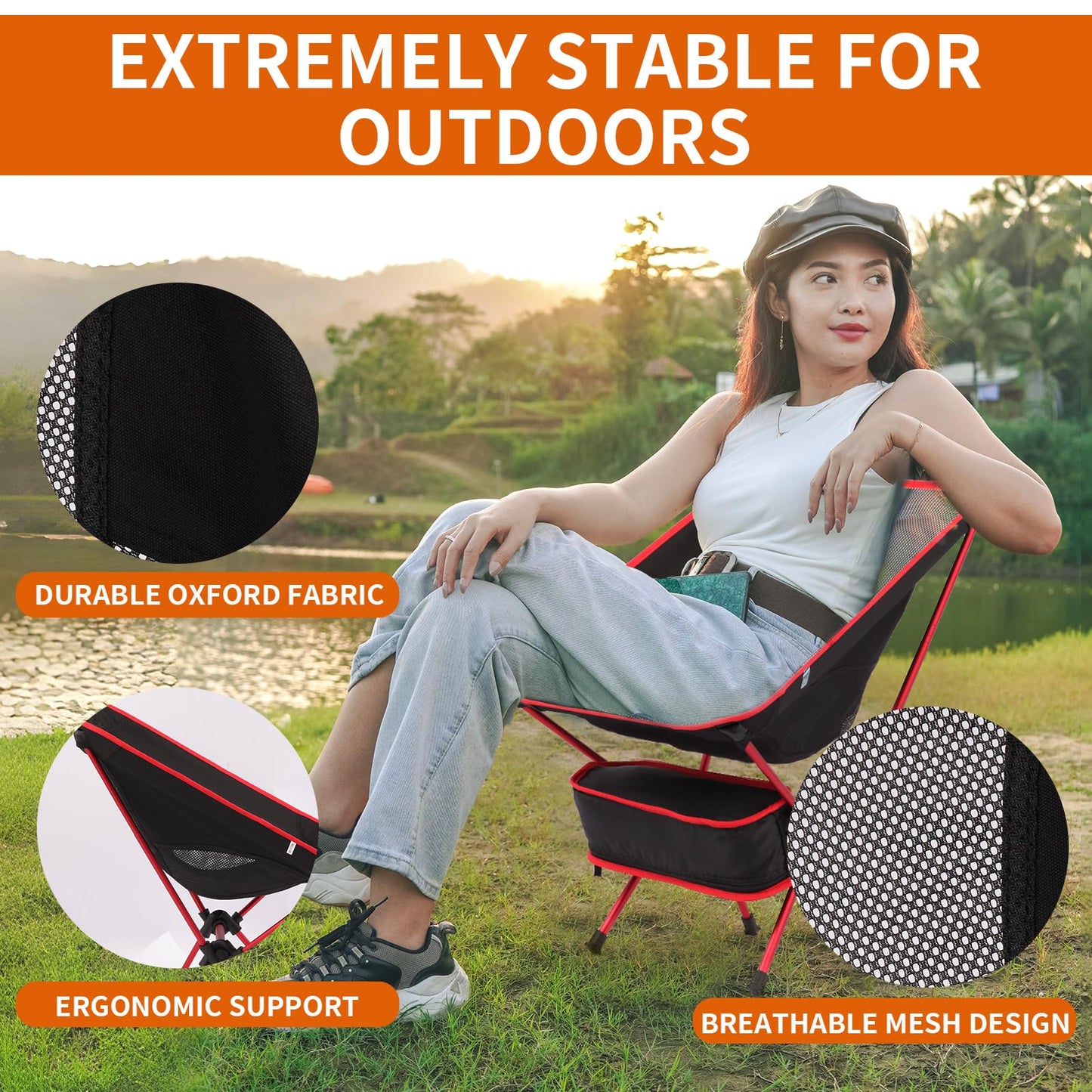 Veathzet Ultralight Camping Chair, Foldable Portable Camping Chair with Breathable Nylon Mesh, Compact Design & Carry Bag for Hiking, Backpacking, Beach, Concerts (Black&red)