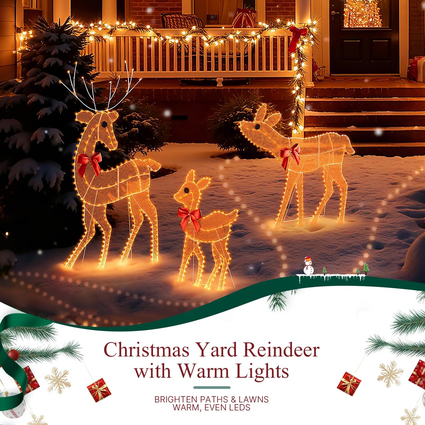 [3-Piece Reindeer Christmas Decorations Outdoor] 2D Lighted Deer Family with 260 LED Light. Durable Yard Lawn Holiday Decor, Outdoor Lighted Holiday Display for Yard Lawn Garden-White