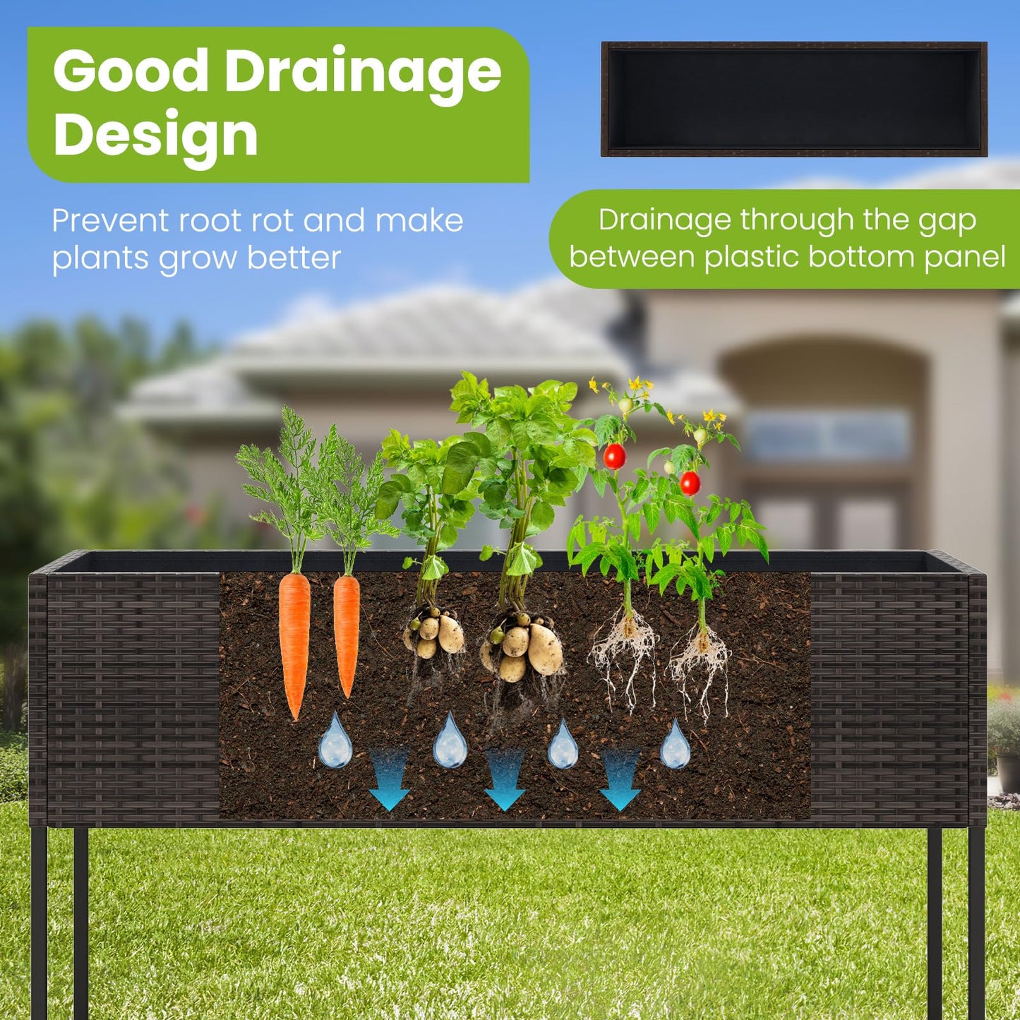 HAPPYGRILL Raised Garden Bed, Rattan Planter Raised Bed with Legs, Bottom Storage Shelf, Removable Liner, Drainage System, Wicker Elevated Planter Box w/Legs for Vegetables Flowers (40” x 12” x 28”)