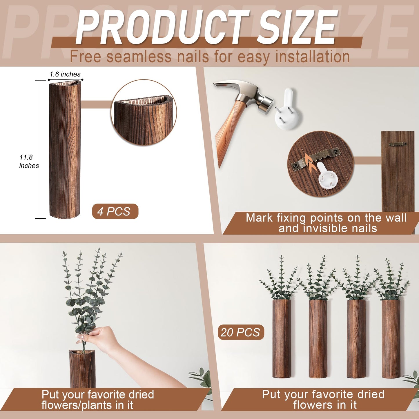 Fttoyoly Wood Wall Planter with 20 pcs Artificial Eucalyptus, Modern Decor for Living Room Bedroom Bathroom Entryway, Farmhouse Boho Wall Vases for Dried Flowers and Faux Plants - 4 Pack