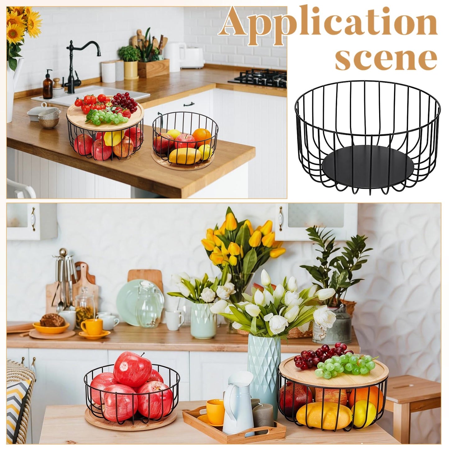 INTERWARM 4Pcs Fruit Basket for Kitchen Counter Set, 4 Size Round Fruit Basket with Wooden Lid Countertop Bin for Produce Fruits Lemon Banana Candy Snack in Office(Black)