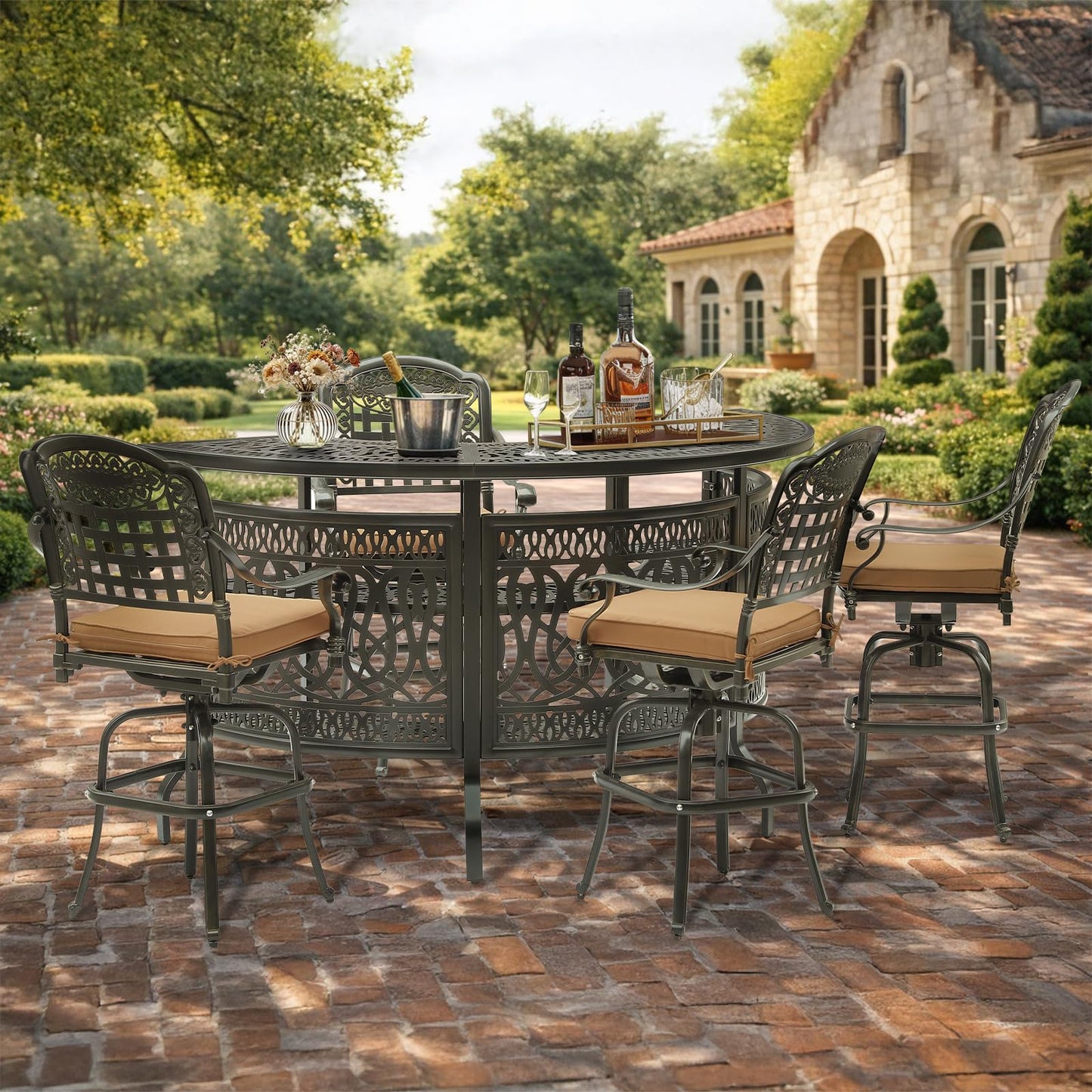 VIVIJASON 75" Large Outdoor Half Moon Bar Table, Heavy-Duty Cast Aluminum Patio Bar Unit with 2-Tier Storage Shelves, All-Weather Garden & Poolside Entertainment Station, Dark Bronze