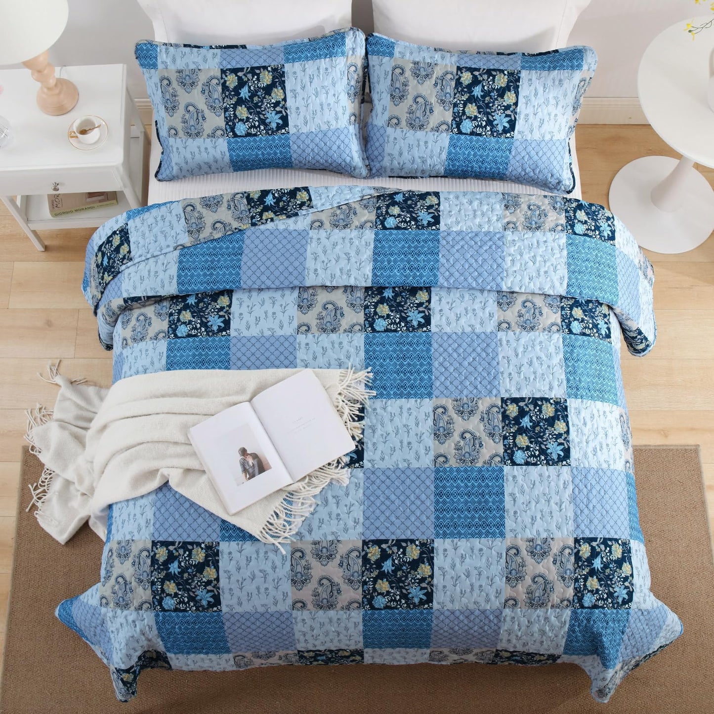 Xruibed Blue Quilt Set Queen Size 3 Pieces Plaid Floral Boho Bedspread Coverlet Set Patchwork Pattern Reversible Bedding Set Soft Microfiber Bedspread Set Queen for All Season(Queen 96"x90")