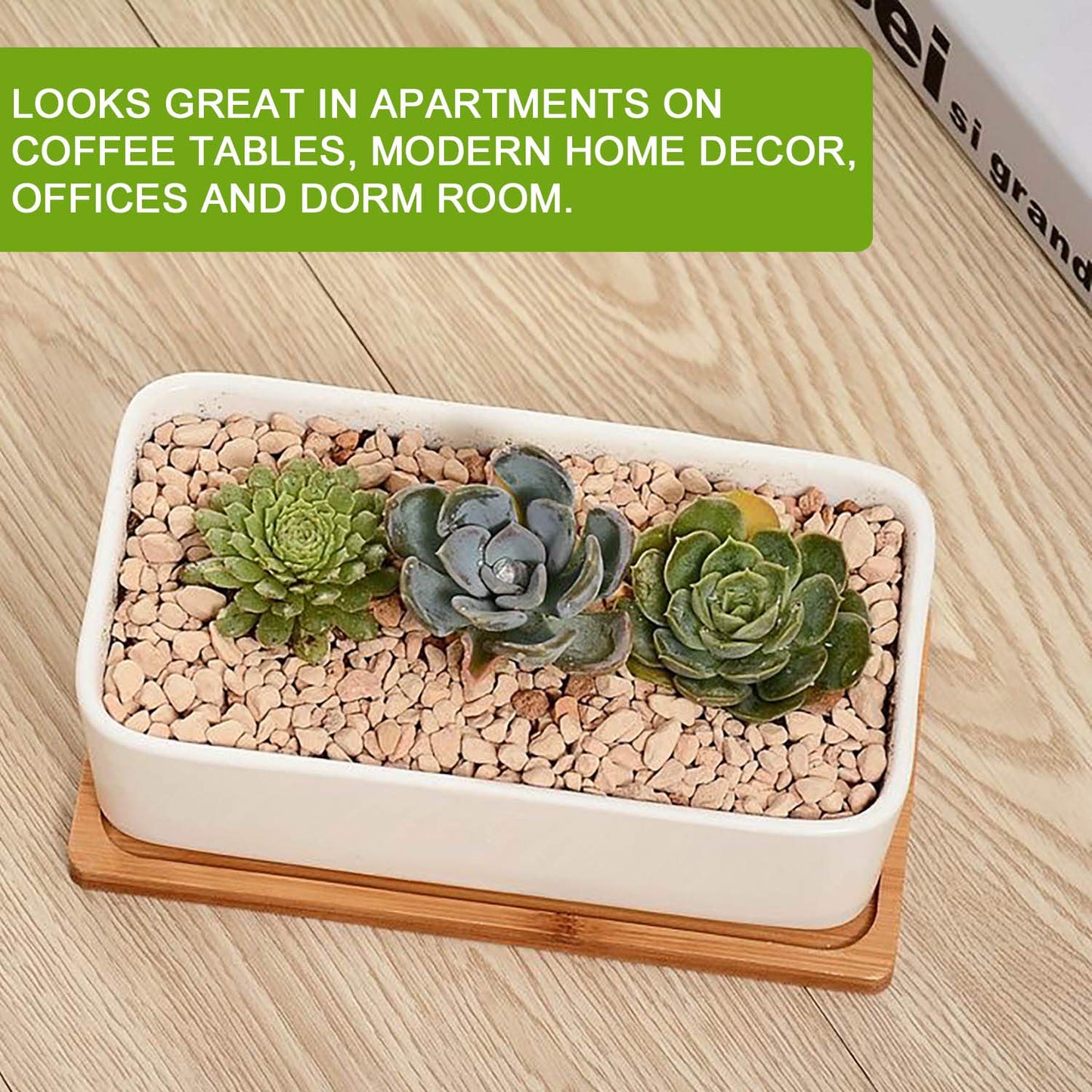 DeeCoo Succulent Pots, White Ceramic Flower Succulent Planters Pot with Bamboo Tray, 1 Rectangle Flower Pot + 1 Round Flower Pot 6.5" Drainage Hole for Cactus