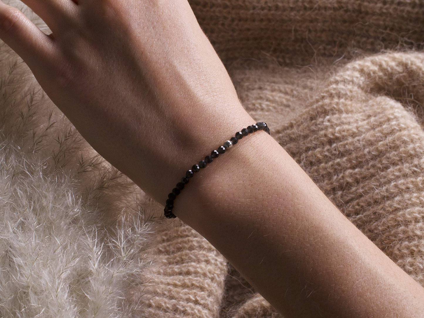 BERGERLIN Genuine obsidian bracelet with 925 Sterling silver - real obsidian bracelet with 4mm pearls, faceted - Size S