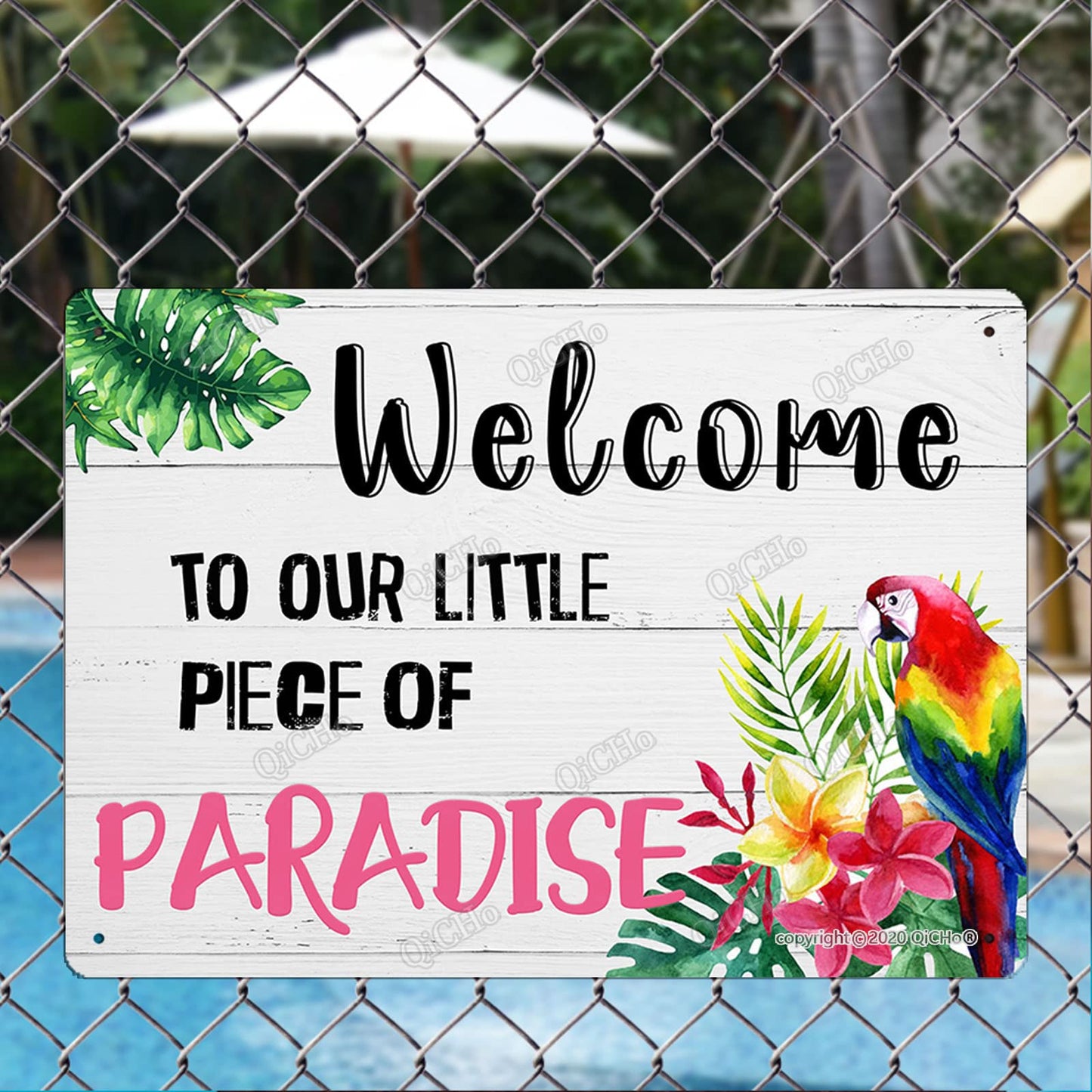 QiCHo Welcome To Our Little Paradise Sign, 8"X12" All Weather Metal Sign, Outdoor Pool Sign, Fun Wall Decoration